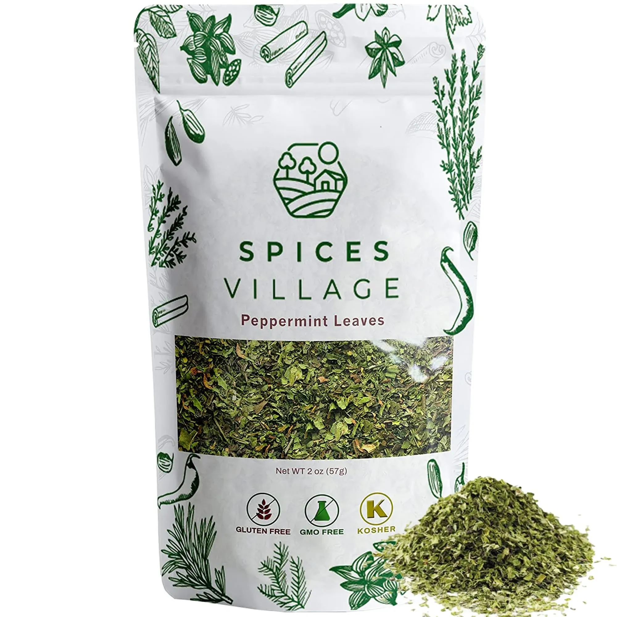 SPICES VILLAGE Dried Peppermint Leaves (2 oz) - Fresh Peppermint Leaves, Mint Herb, Crushed Mint Spice Great for Loose Leaf Tea, Dry Mint Powder, Cut and Sifted - Kosher, Gluten Free, Non GMO, Resealable Bulk Bag