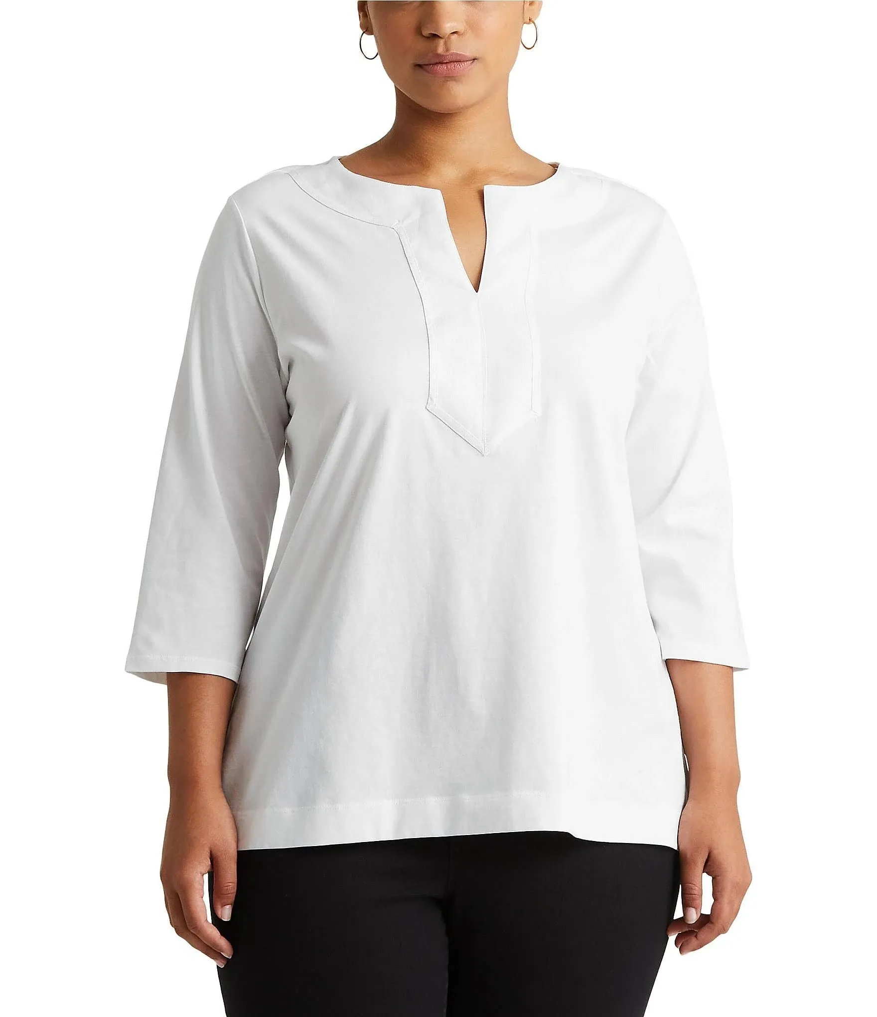 Women's Plus Size Split-Neck Three-Quarter Sleeve Cotton Tunic