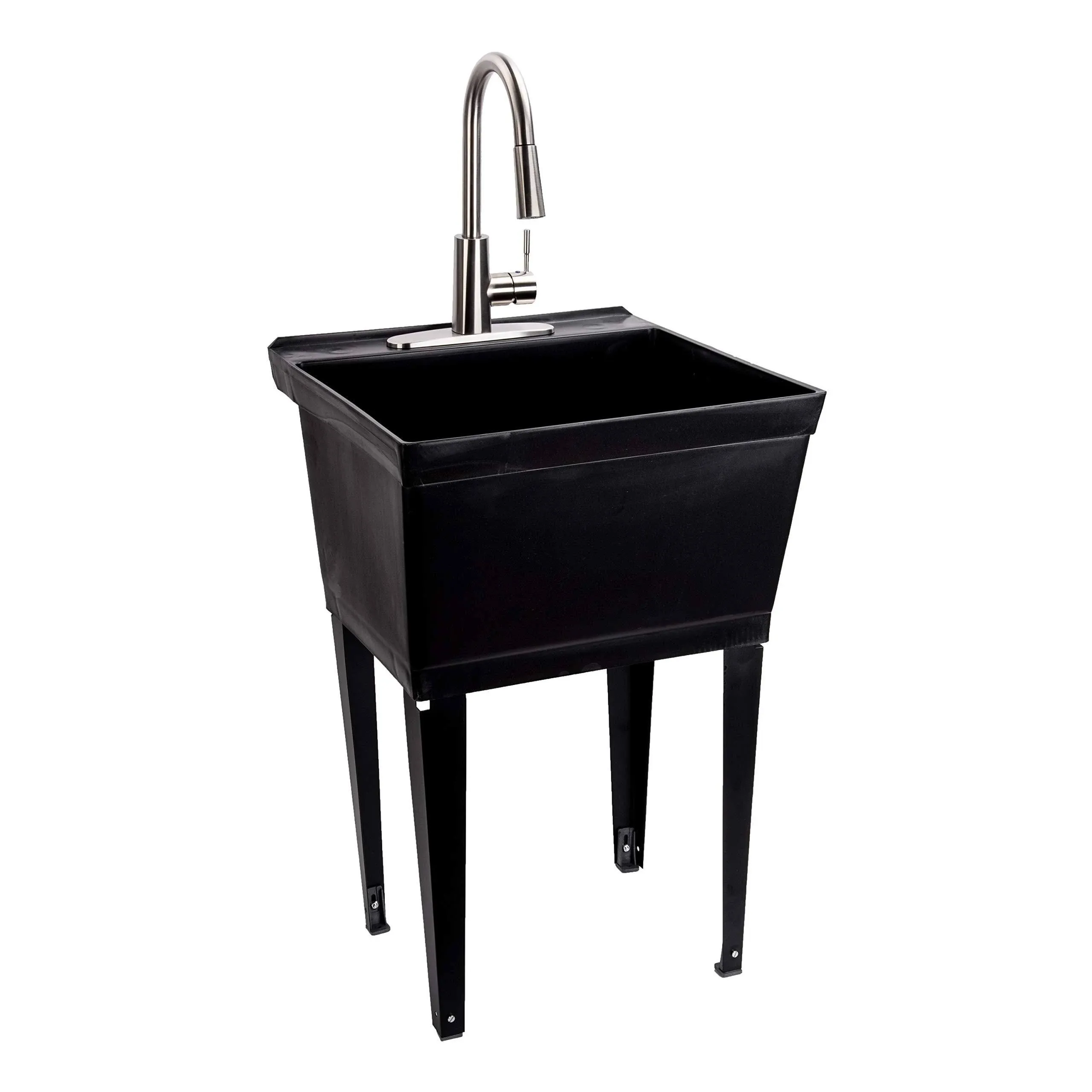 JS Jackson Supplies Black Utility Sink Laundry Tub with High Arc Stainless Steel Kitchen Faucet, Pull Down Sprayer Spout, Heavy