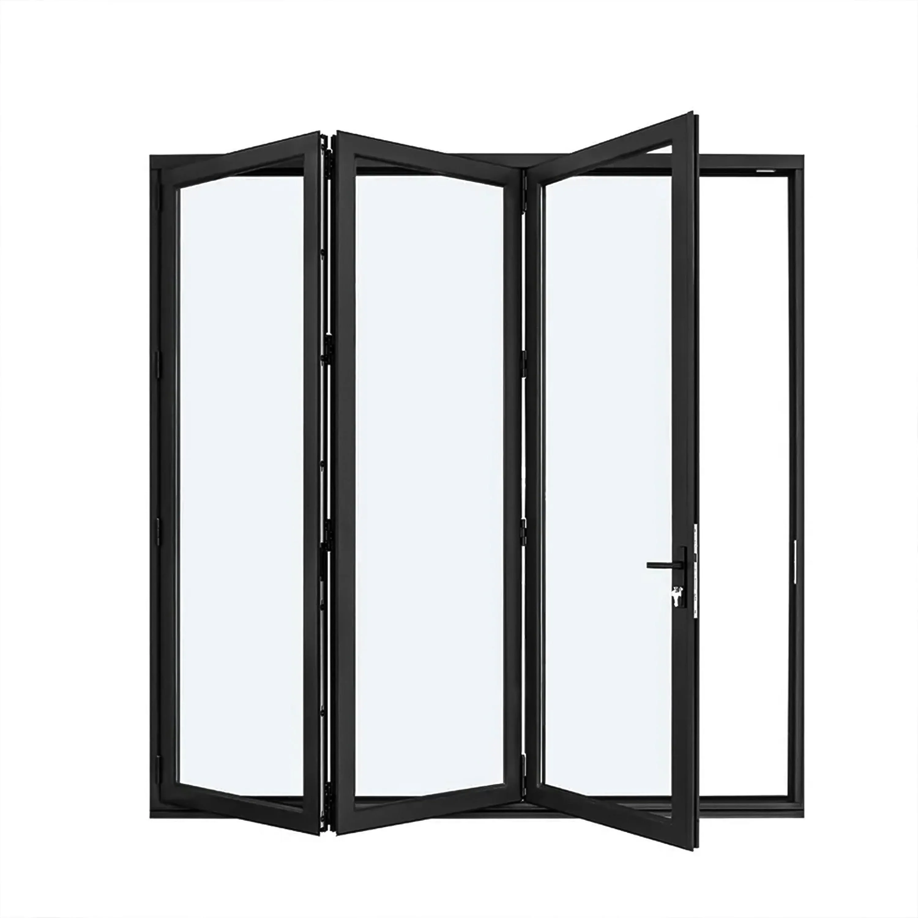 KaMic 96" x 96" 3 Panels Aluminum Folding Doors in Black Folded Out from Right to Left