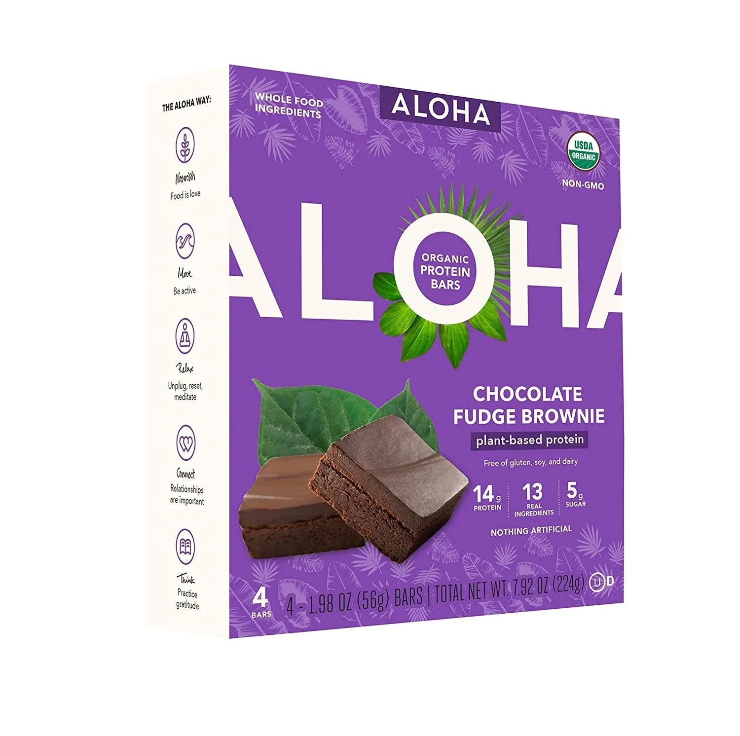 Aloha Organic Chocolate Fudge Brownie Plant-Based Protein Bar Pack of 4