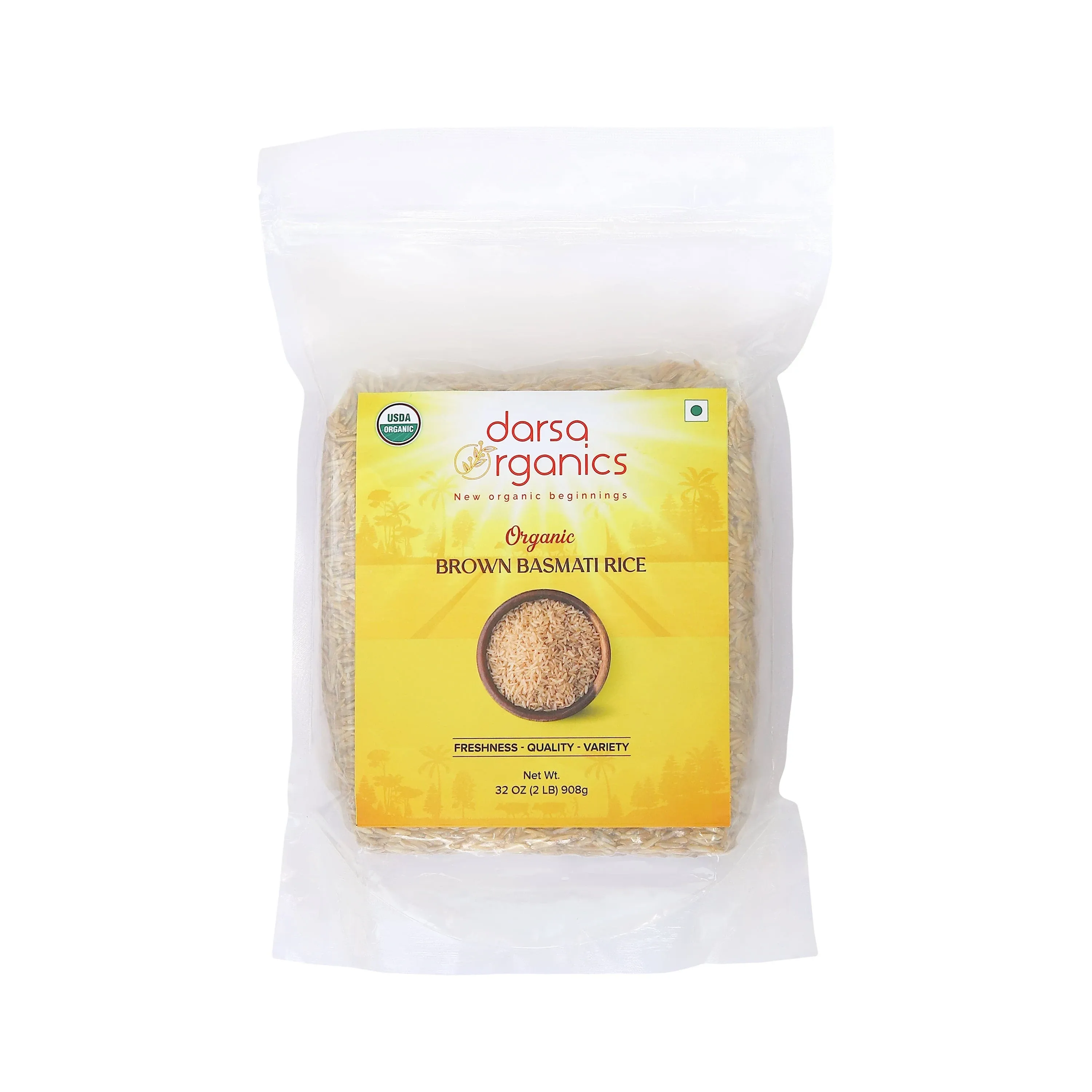 Darsa Organics Brown Basmati Rice | 2 lb Resealable Zipper Bag | USDA Organic | Non-GMO | Chemical-Free | Premium Quality Kosher | Aromatic Long Grain Rice Aged for Fluffy Texture