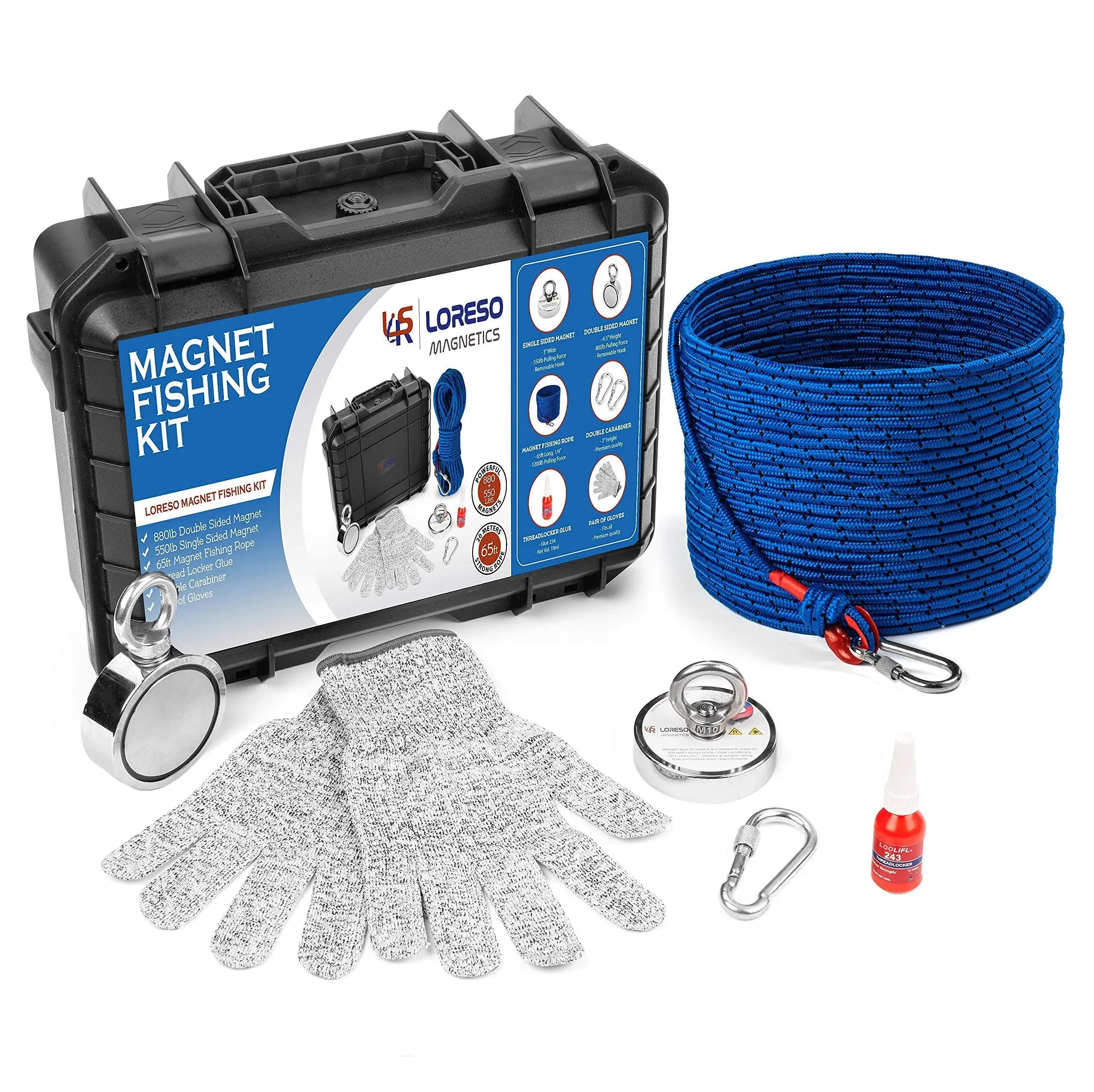 LORESO Magnet Fishing Kit MAG2300 Double Magnets 880lb +550lb Rope & Accessories