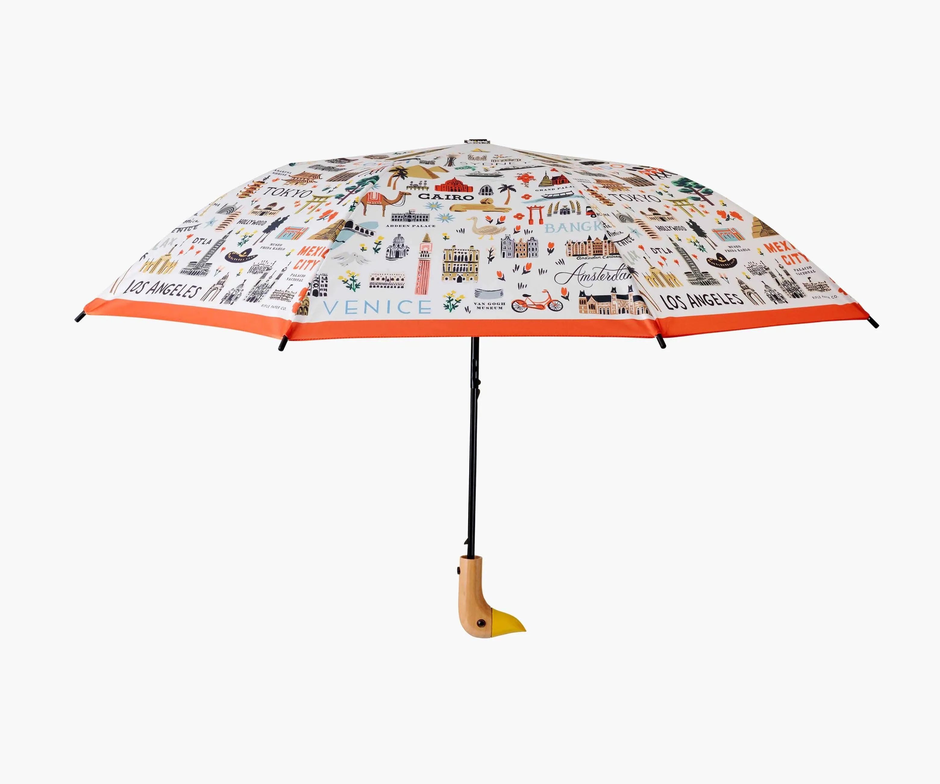 RIFLE PAPER CO. Umbrella, Matching Storage Sleeve, Portable, Auto Open and Close, Wooden Handle, Printed in Full Color