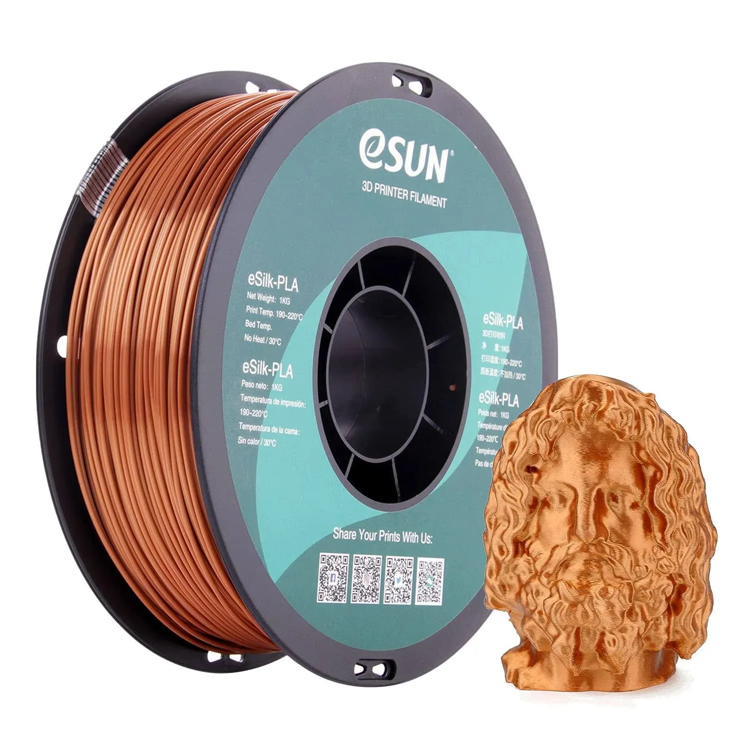 eSUN Silk PLA 3D Printer Filament, Dimensional Accuracy +/- 0.03 mm, 1 kg Spool, 1.75 mm, Copper