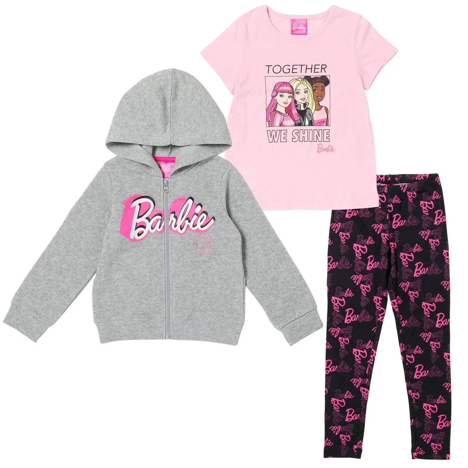 Barbie Little Girls Zip Up Fleece Hoodie Graphic T-Shirt and Leggings 3 Piece ...