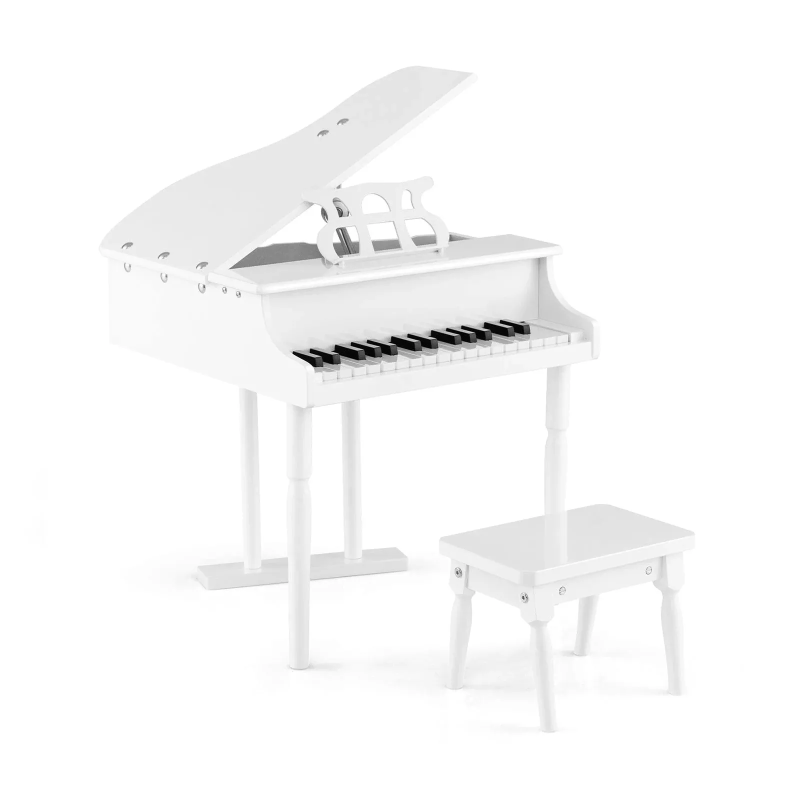 Costzon Classical Kids Piano, 30 Keys Wood Toy Grand Piano with Music Stand and Bench, Mini Musical Toy for Child, Ideal for Children's Room, Toy Room, Best Gifts (Straight Leg, White)