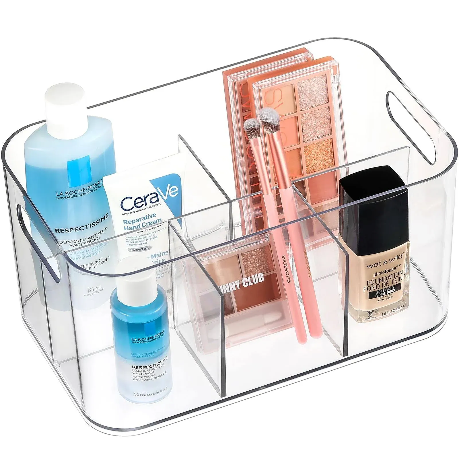 2 Pack, 5-Compartment Clear Plastic Bin - Divided Cosmetic Makeup Caddy Organize