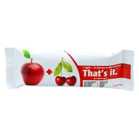 That's It
           Fruit Bar Apple plus Cherries -- 12 Bars
        
        
        
        
        
          
          SKU #: 850397004033
          
            Shipping Weight:
              1.09 lb
            
          
          
         