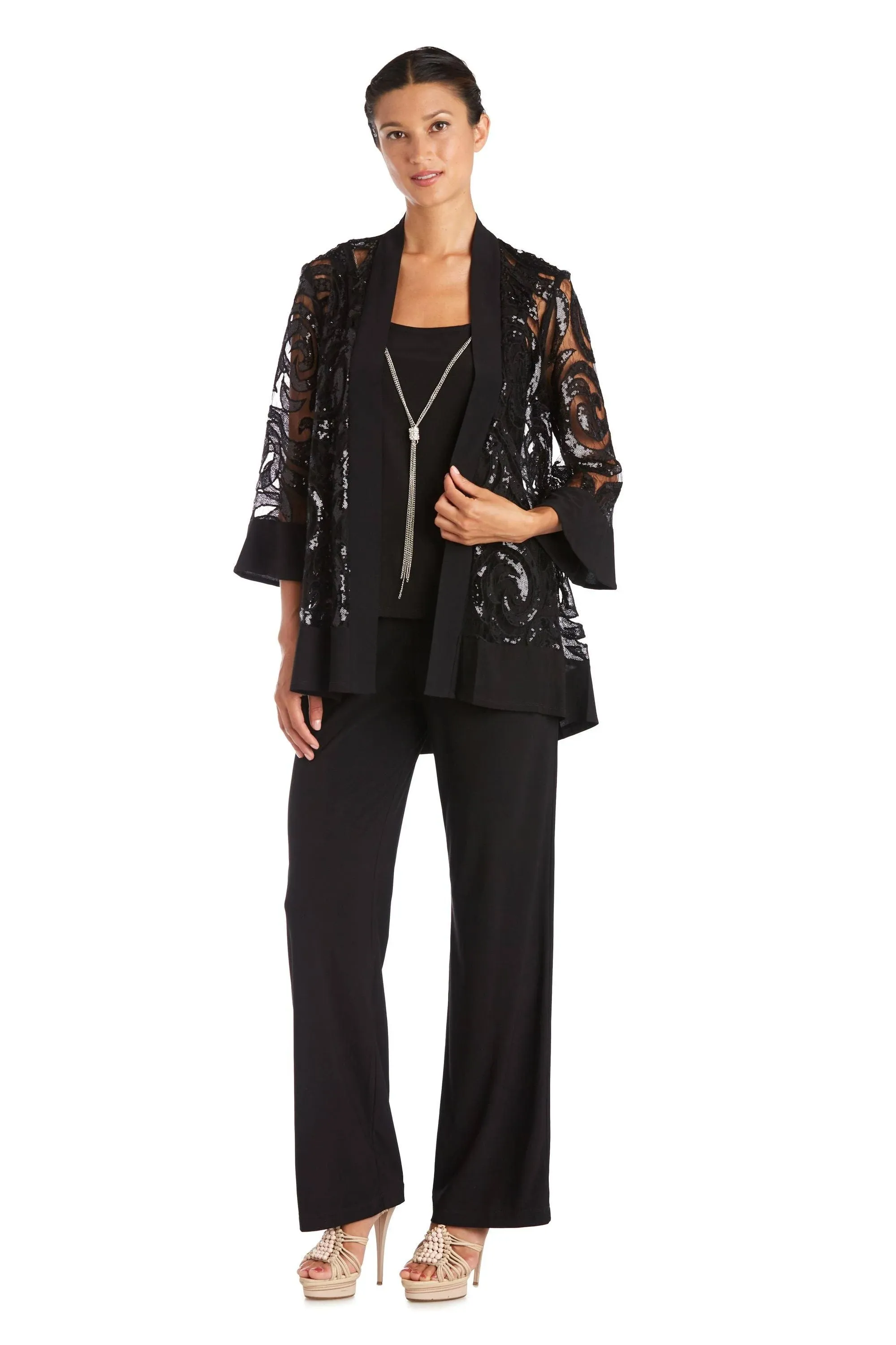 Women's R&M Richards Sequin Swing Jacket & Pant Set, Size: 16, Black