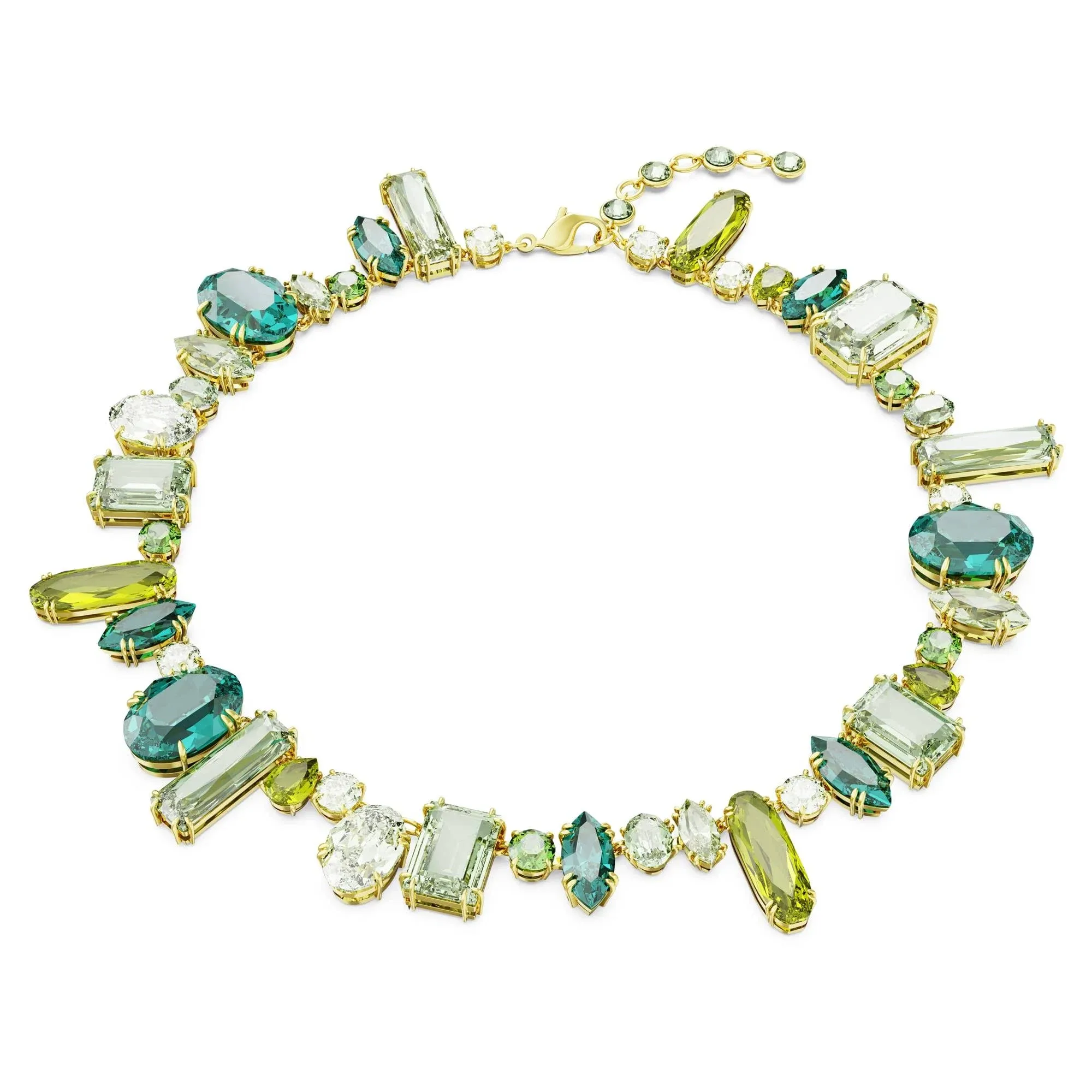 Gold-tone Green-hued Crystal Mixed Cut Collar Necklace, 14" + 1-3/4" Extender