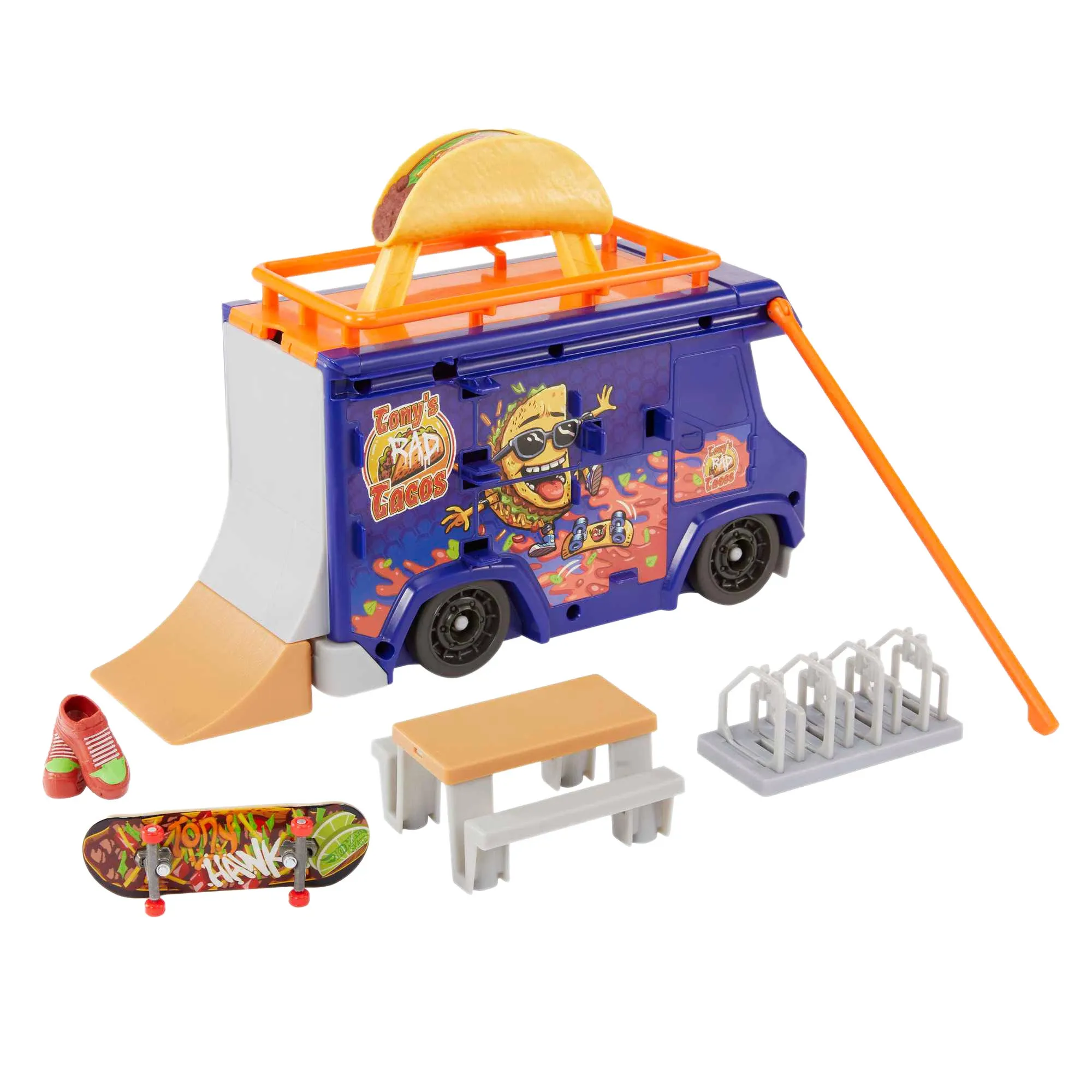 Hot Wheels Skate Taco Truck with 1 Exclusive Fingerboard & Pair of Skate Shoes, 19.61 in