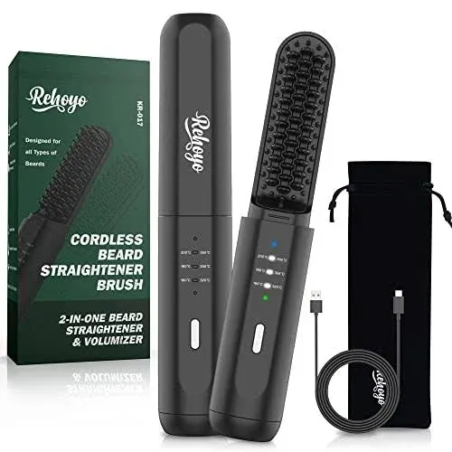 Beard Straightener for Men, REHOYO Portable Cordless Hair Straightener, Anti-Scald Heated Beard Brush, Electric Hot Comb 3 Temp Settings, Ionic Mini S