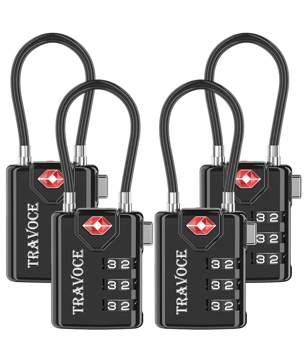 Search Alert TSA Approved Travel Combination Luggage Cable Locks Black 4 Pack 