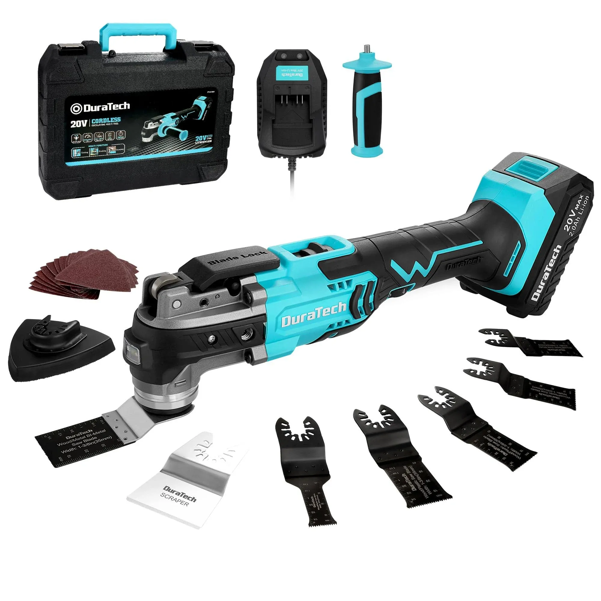 DURATECH Oscillating Tool, 20V Oscillating Multi Tool Kit with 6 Variable Speed, 3° Oscillation Angle, Auxiliary Handle &amp; 23PCS Saw Accessories,