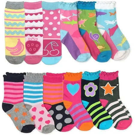 Jefferies Socks Girls Fashion Novelty Pattern Variety Crew Socks 12 Pair Pack