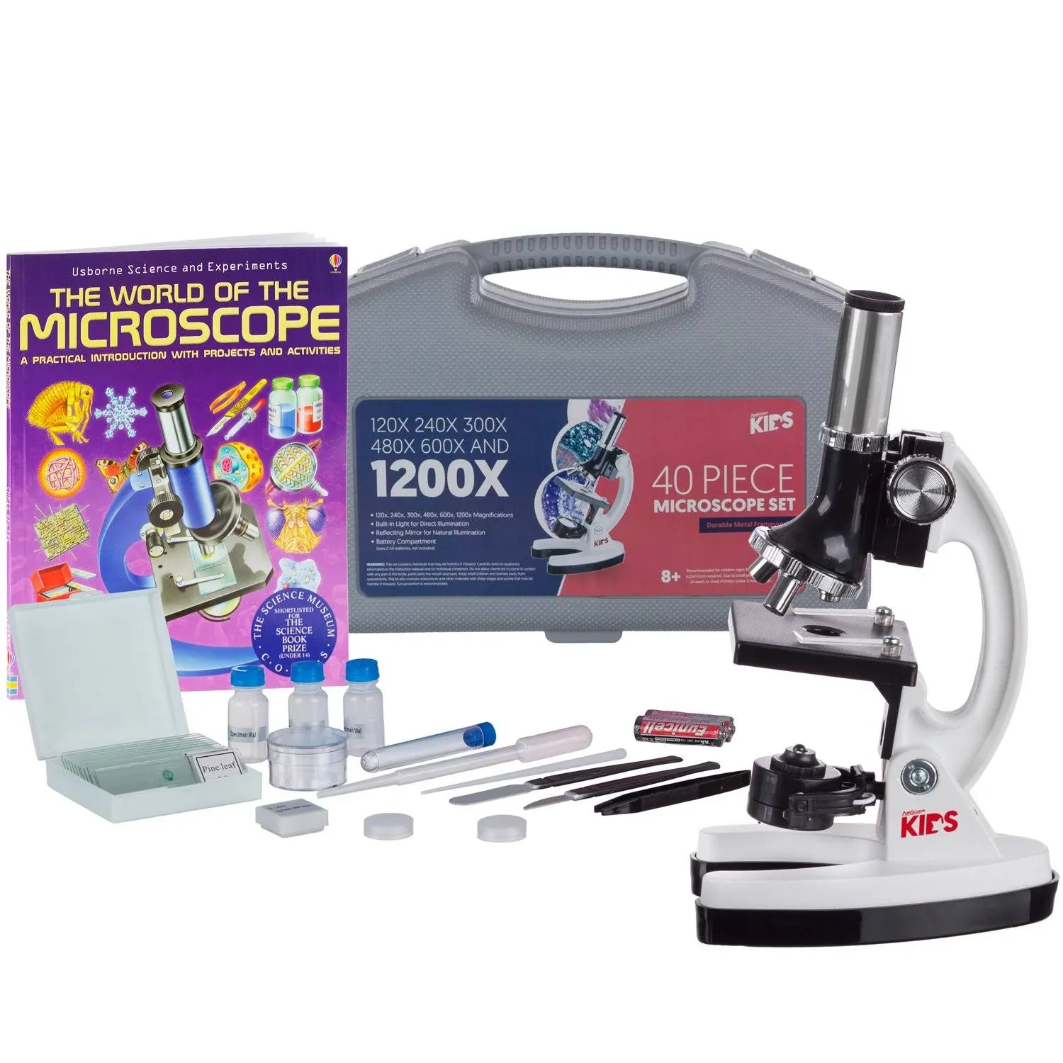 Amscope 1200x 40-Pcs Kids Student Beginner Microscope Kit with Slides