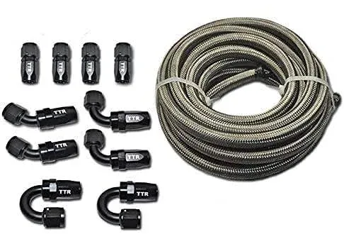 4AN|6AN|8AN|10AN|12AN SS Braided Fuel Hose 20ft 10 Fittings 12AN - 20ft Hose & 10 Black Fittings.