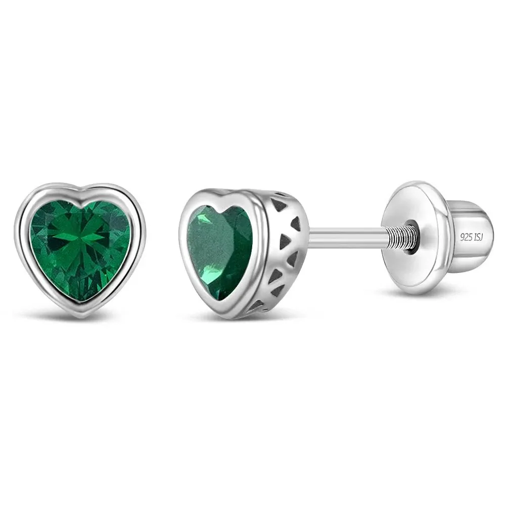 Girl's Birthstone Heart Screw Back Earrings