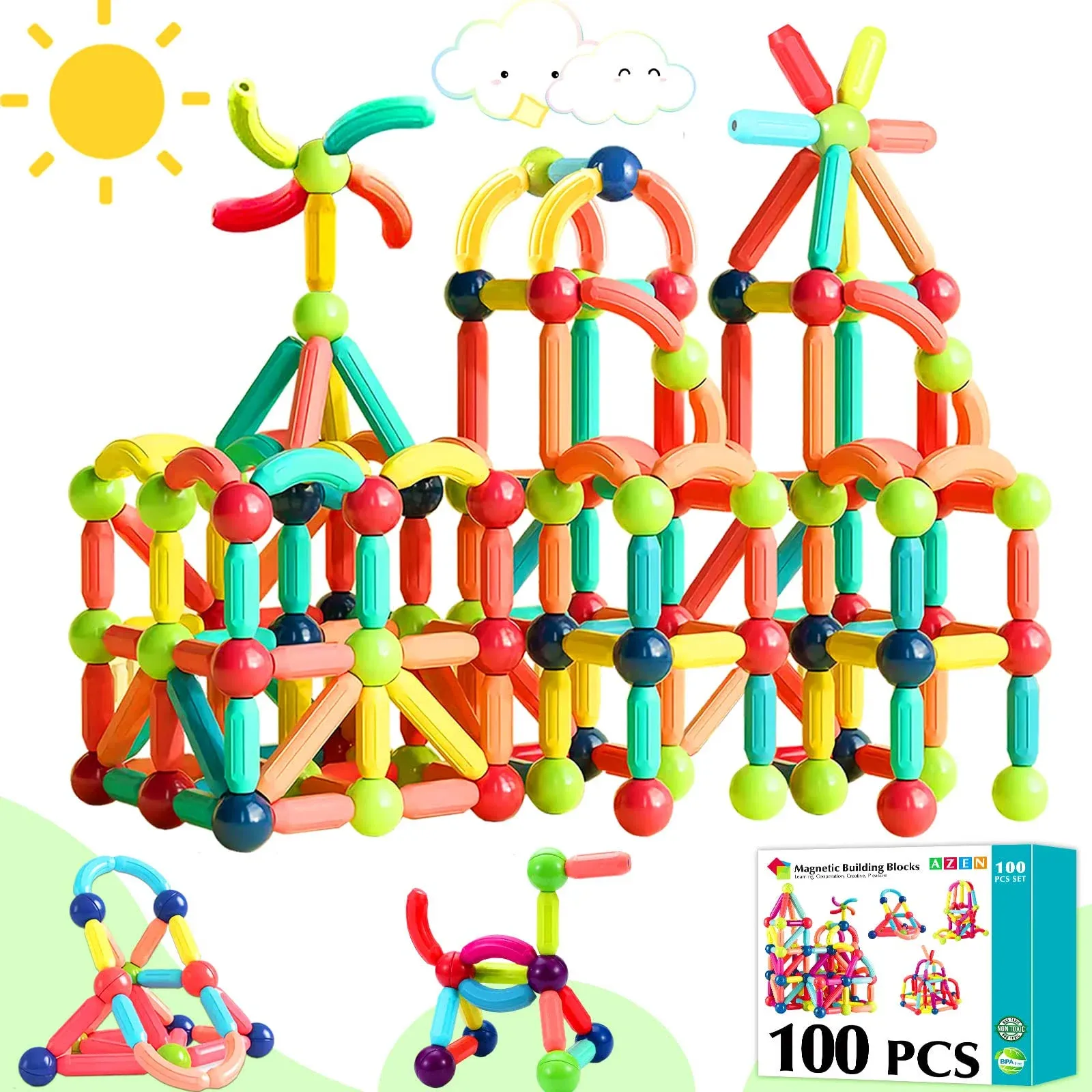 AZEN 100pcs Magnetic Toys Building Blocks, Magnets for Kids 3 4 5 6 Year Old ...