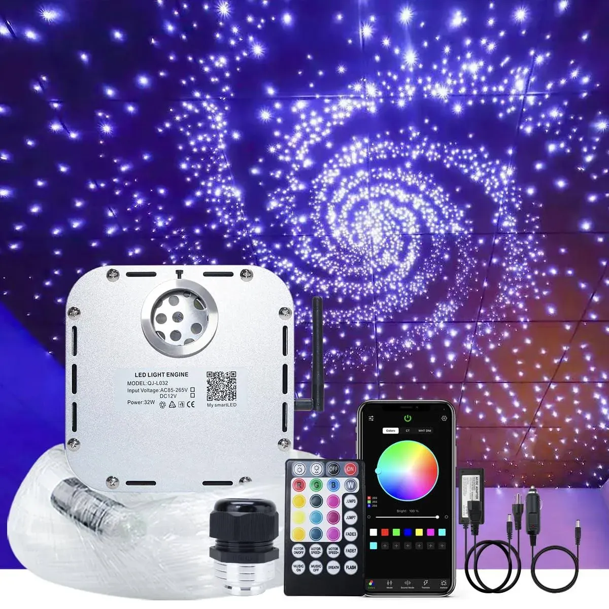 AKEPO 32W RGBW Twinkle APP Fiber Optic Lights Kit Music Activated Star Ceiling Sky Light, with 800pcs of 16.4ft/5m Mixed Dia. (0.75+1+1.5mm) Optical Fiber Cable and Crystals for Car & Media Room Decor