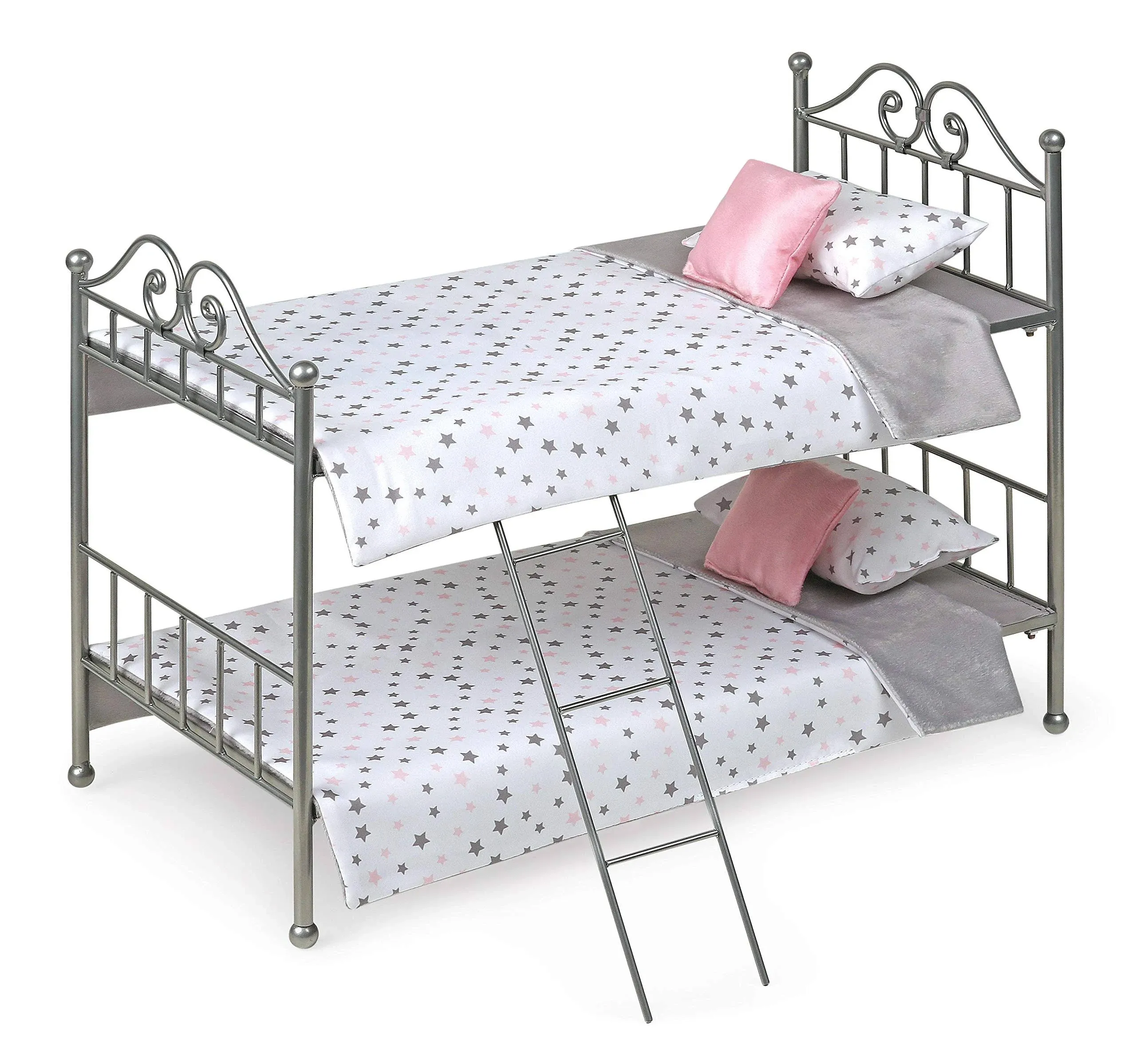 Badger Basket Scrollwork Metal Doll Bunk Bed with Ladder and Bedding - Silver/Pi