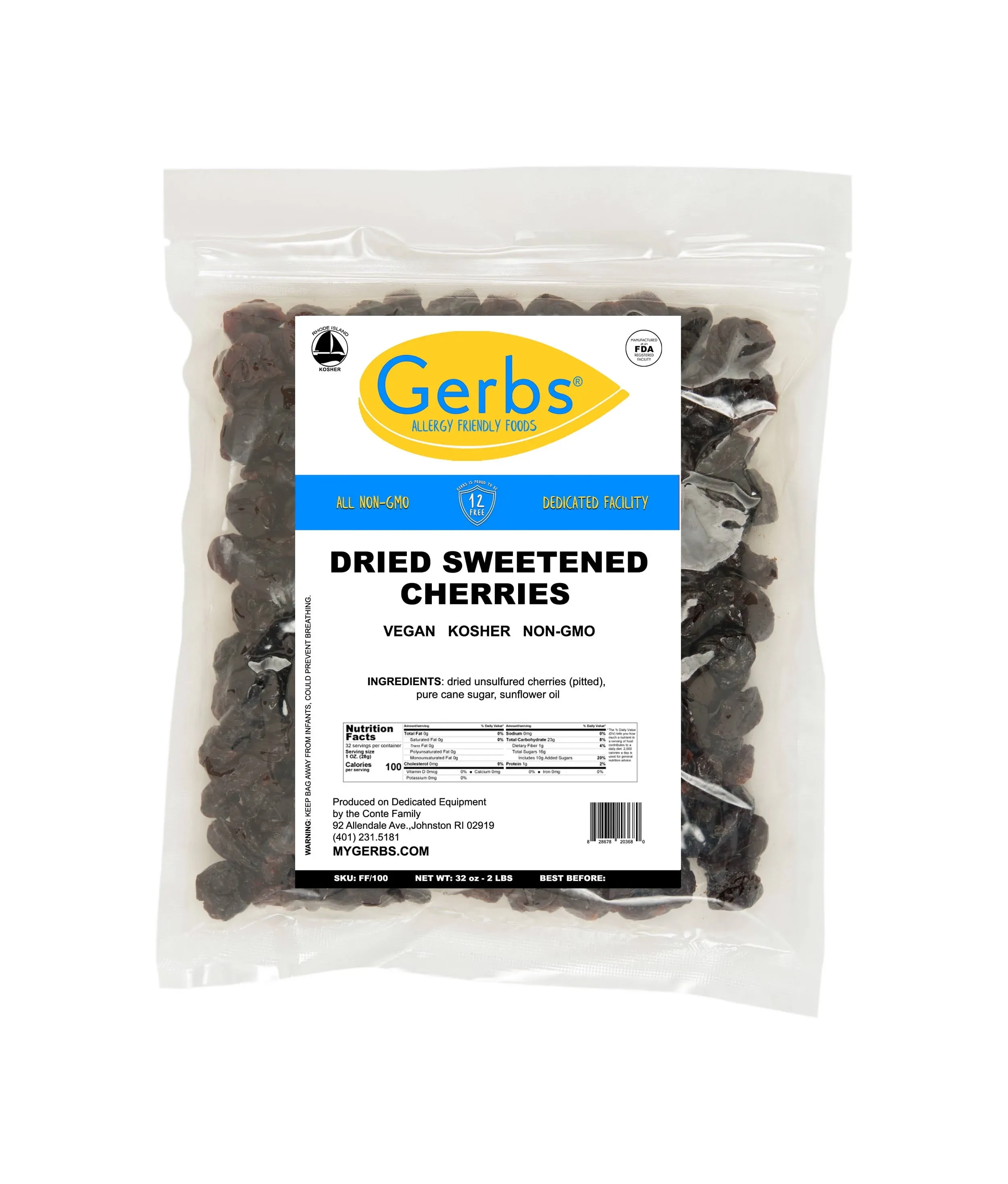 Gerbs Dried Cherries 2 LBS. Freshly Dehydrated Re-sealable Bulk Bag