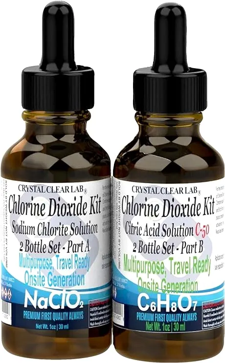 Crystal Clear Chlorine Dioxide ClO2-Kit, Citric Acid Solution w/EZ-Drop Bottles, Small 1 Oz (2 Bottles)