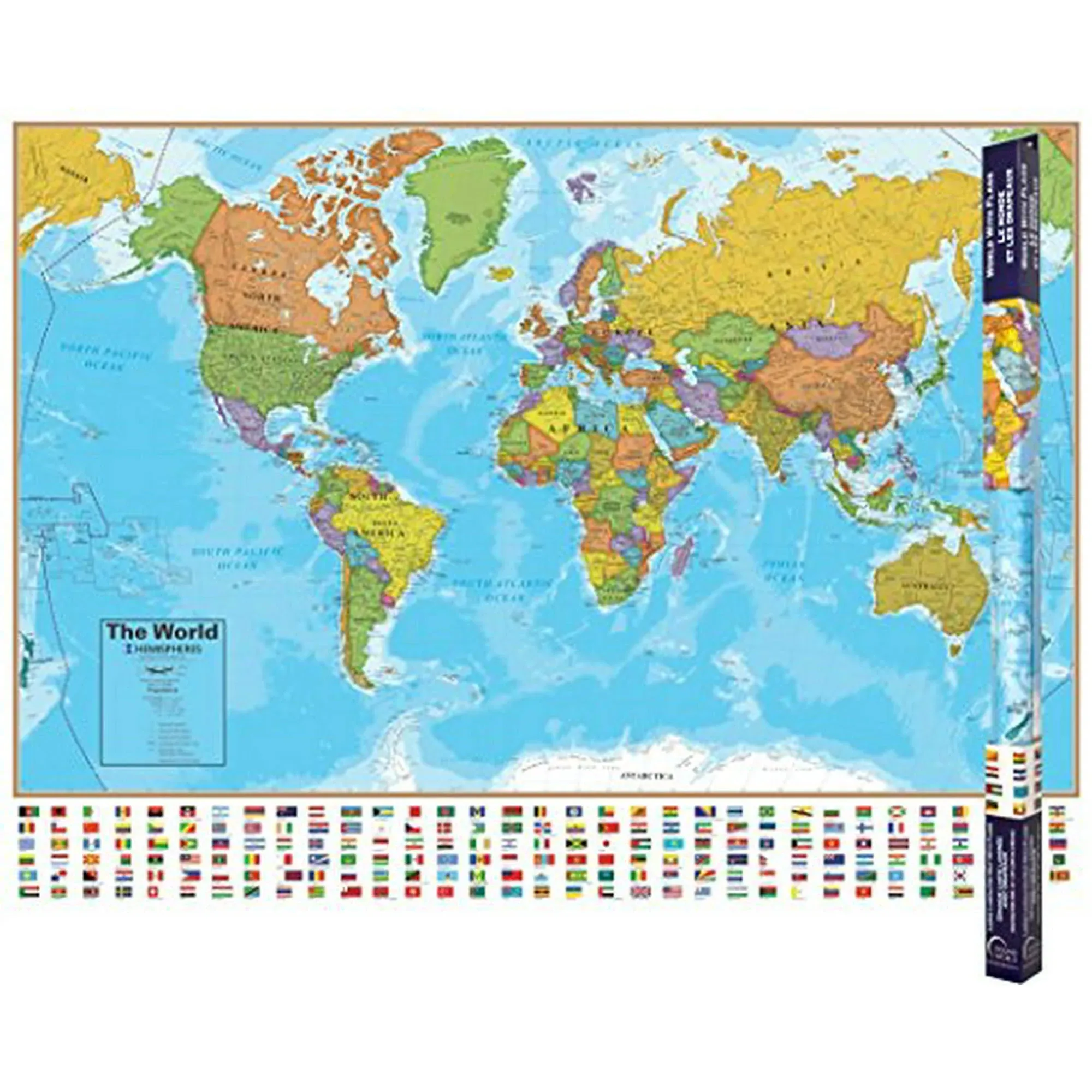 Hemispheres Blue Ocean Series Bi-Lingual French/English World Laminated Wall Map : 38" x 51"