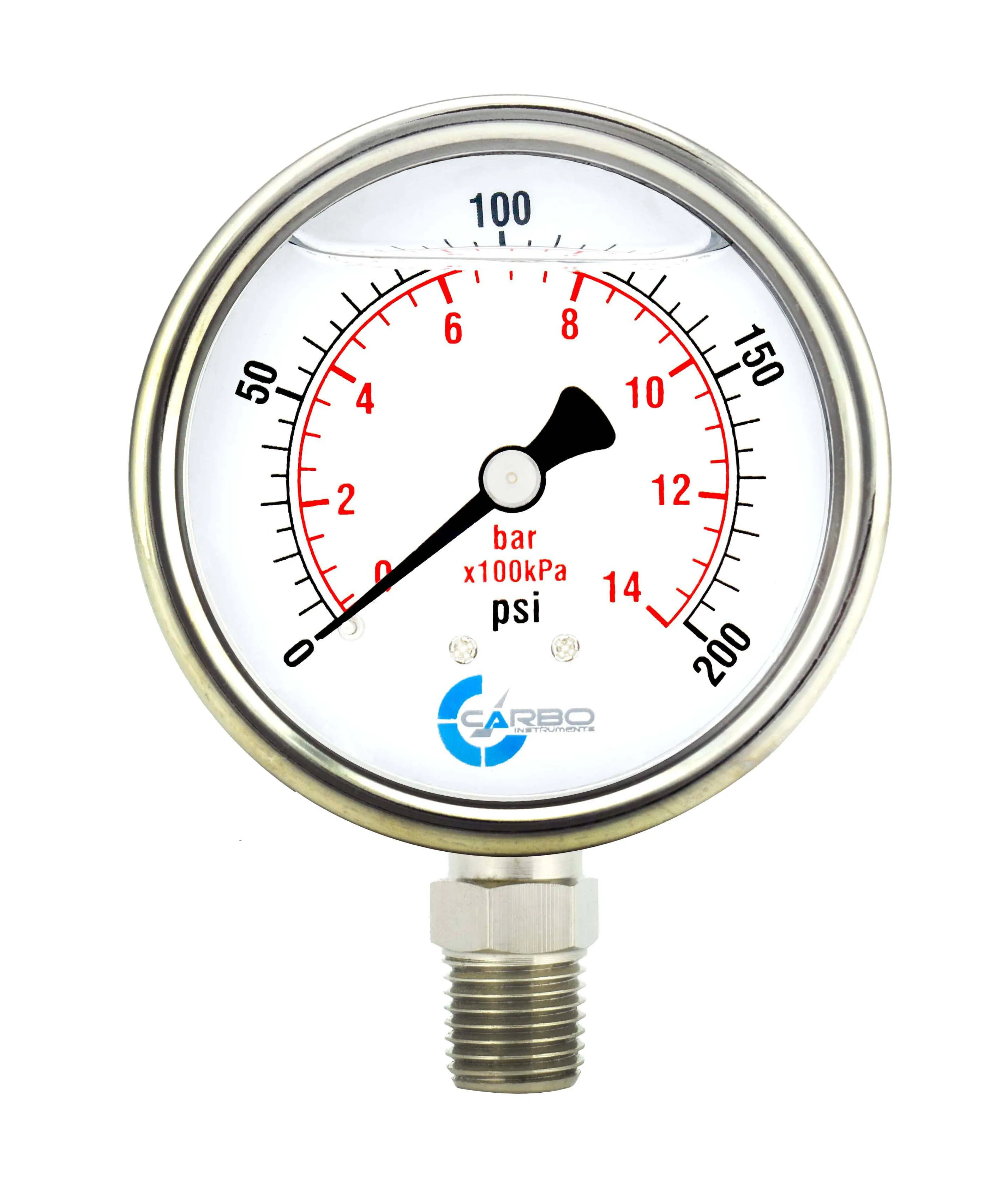 Stainless Steel Pressure Gauge Dual Display (0-200 psi/kPa) - 2 1-2" Glycerine Liquid Filled Water Air Oil Gas Gauge with Polycarbonate Lens & Brass Connection - 1/4" NPT Lower Mount