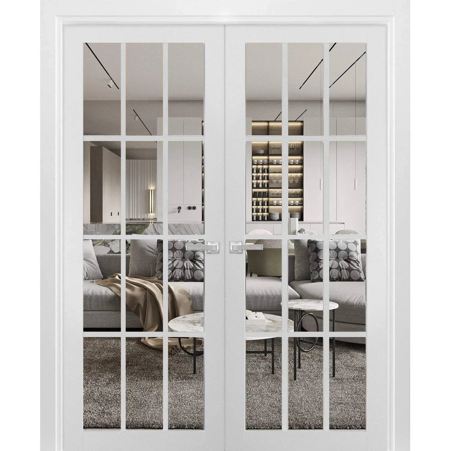 SARTODOORS Interior Solid French Double Doors 72 x 80 Inches Clear Glass 3 Lites | Felicia 3355 White Silk Wood Panel Frame Trims Closet Bedroom