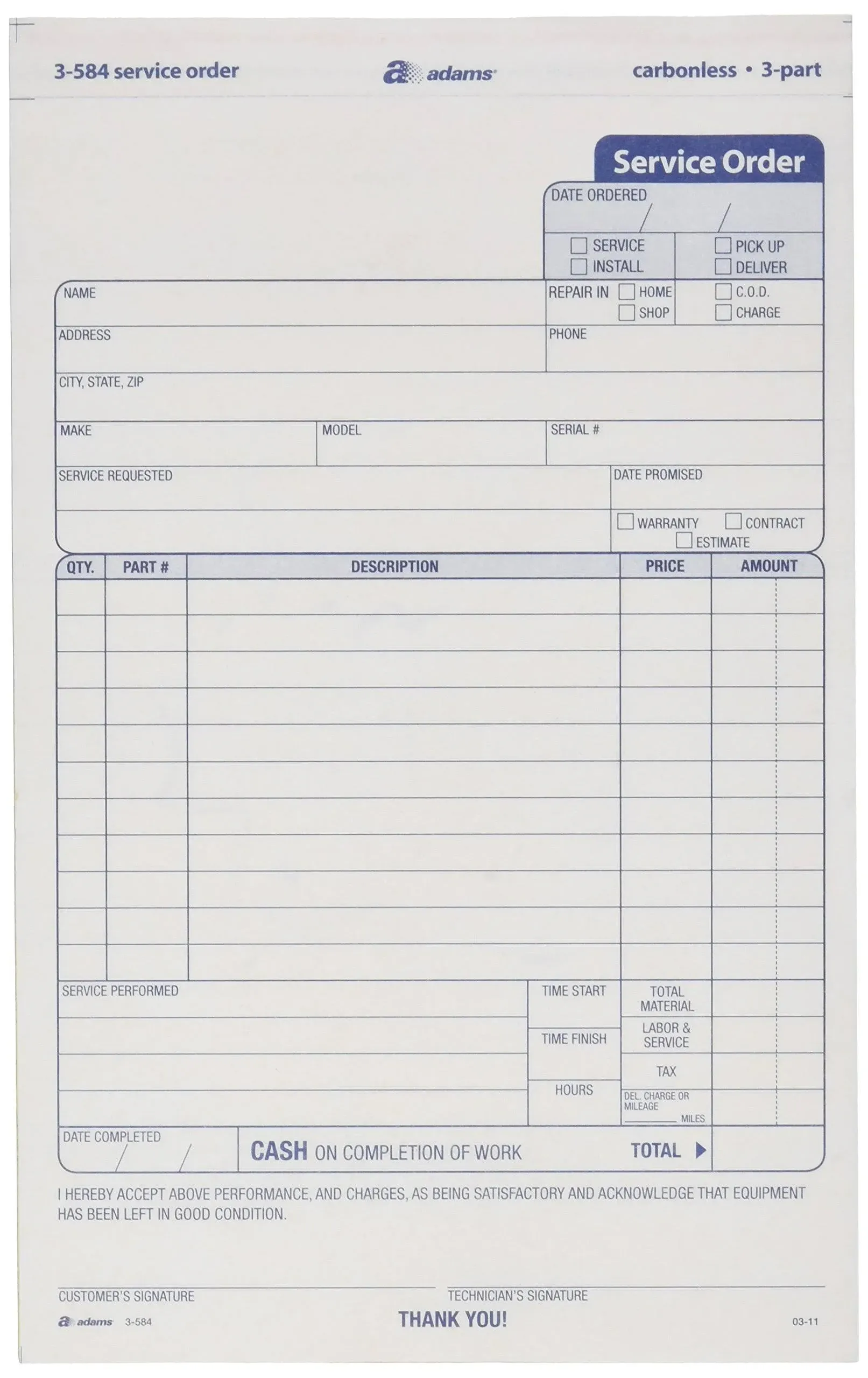 ABF3584 Service Order, 3-Part, Carbonless, 250 ST/PK