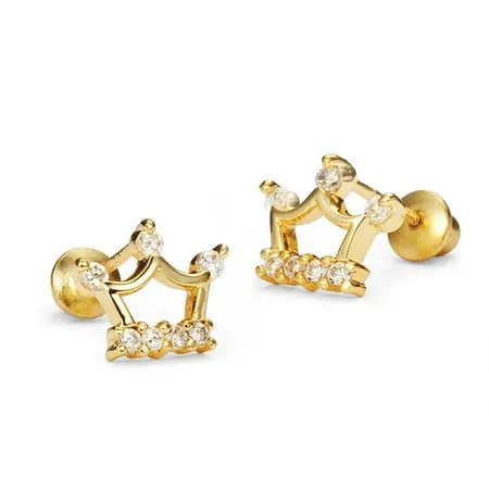 14k Gold Plated Brass Mouse Cubic Zirconia Screwback Baby Girls Earrings with Sterling Silver Post