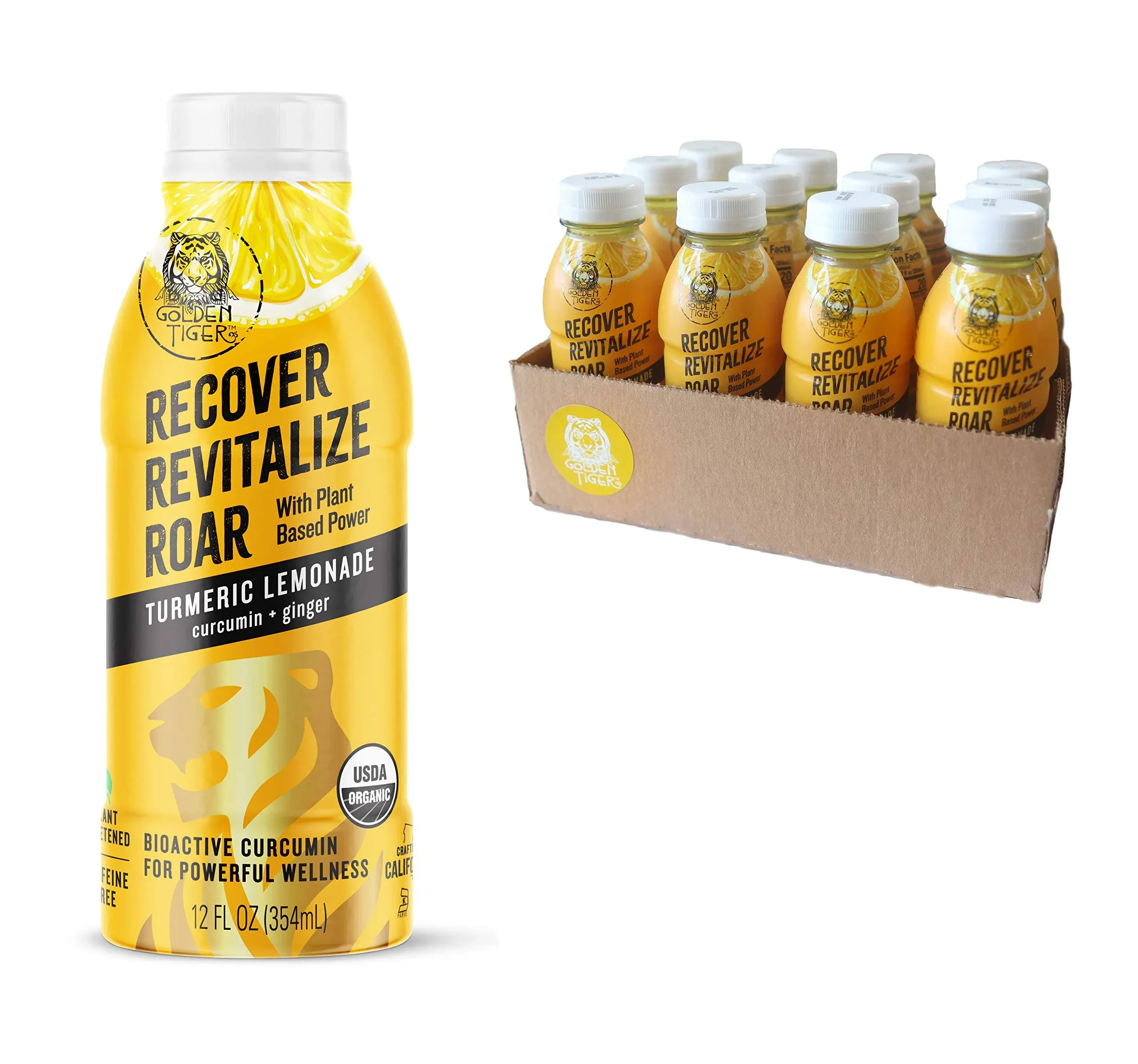 Organic Golden Tiger Turmeric Lemonade - Inflammation Relief, Immunity Support & Daily Recovery Beverage : Bio Active Curcumin + Ginger - 12 Bottles - Recover with Plant Based Power - Caffeine Free - 20 Calories