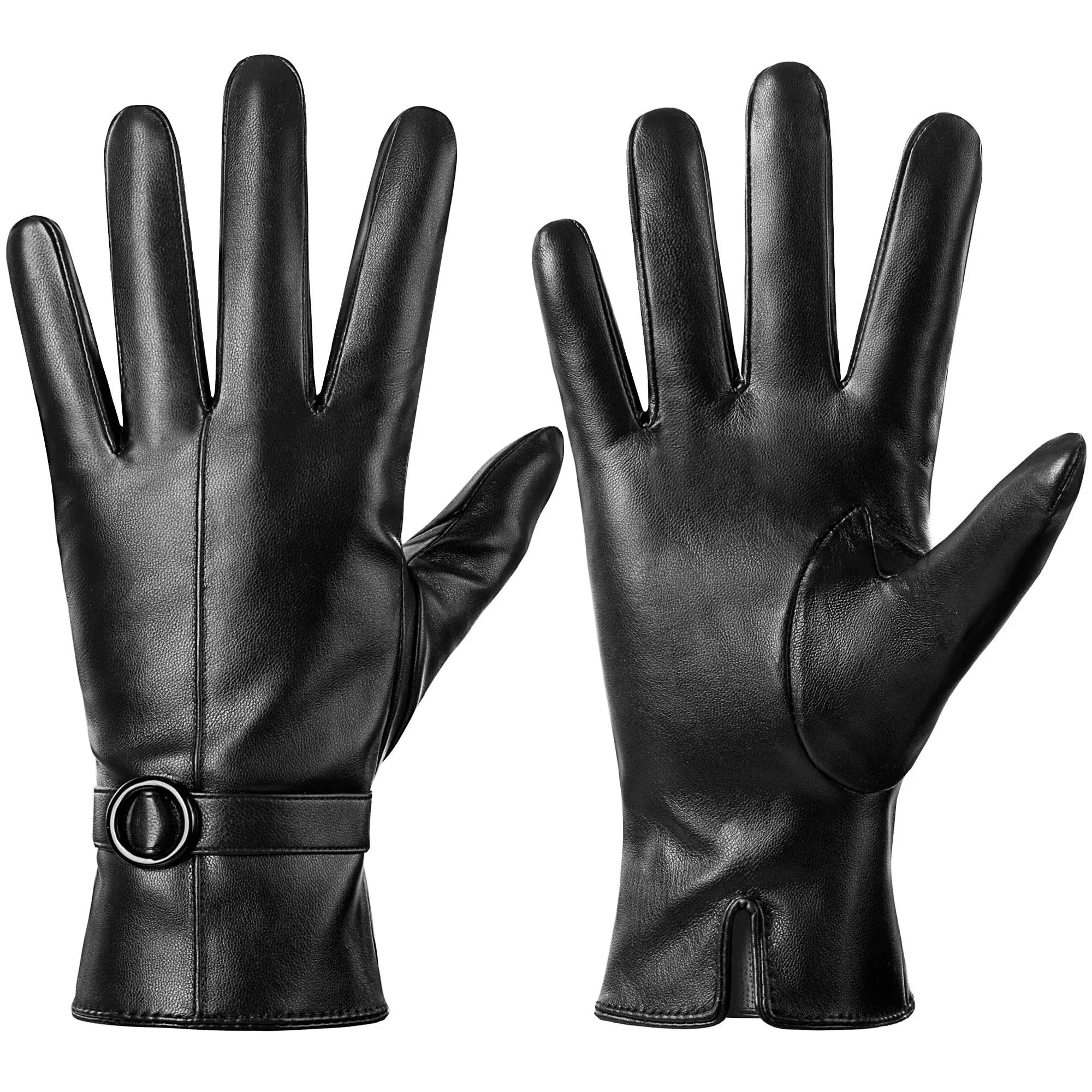 Women&#x27;s Black Leather Winter Warm Lambskin Gloves Buckle Touchscreen Texting