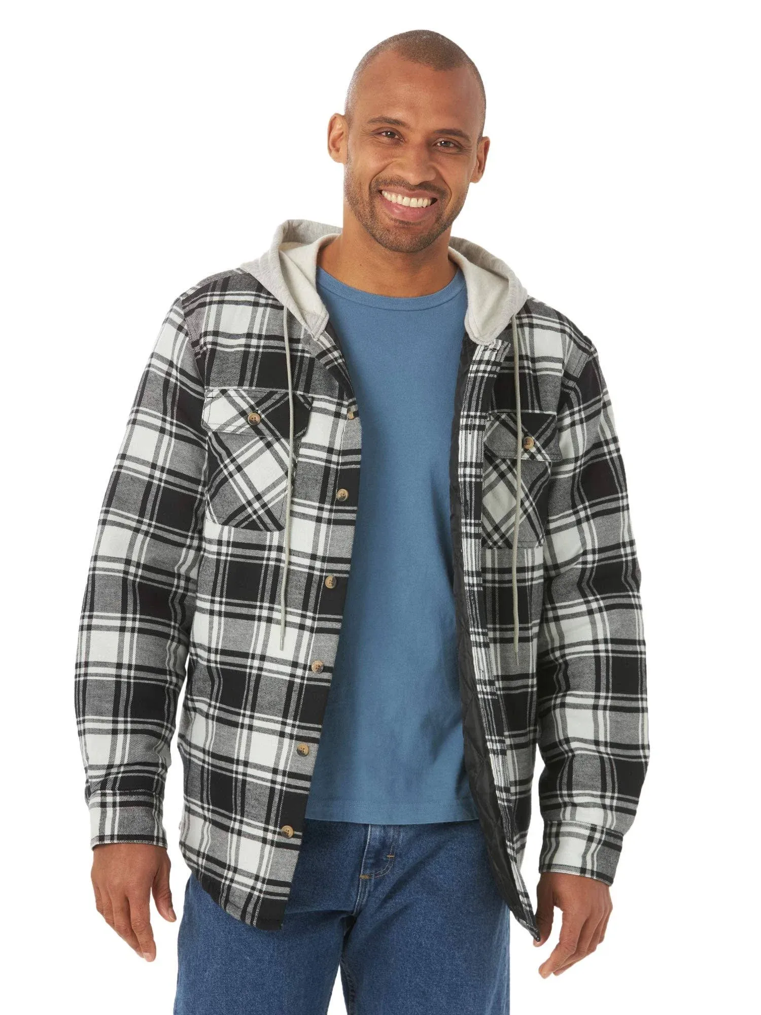 Wrangler Authentics Men's Long Sleeve Quilted Lined Flannel Shirt Jacket with Hood