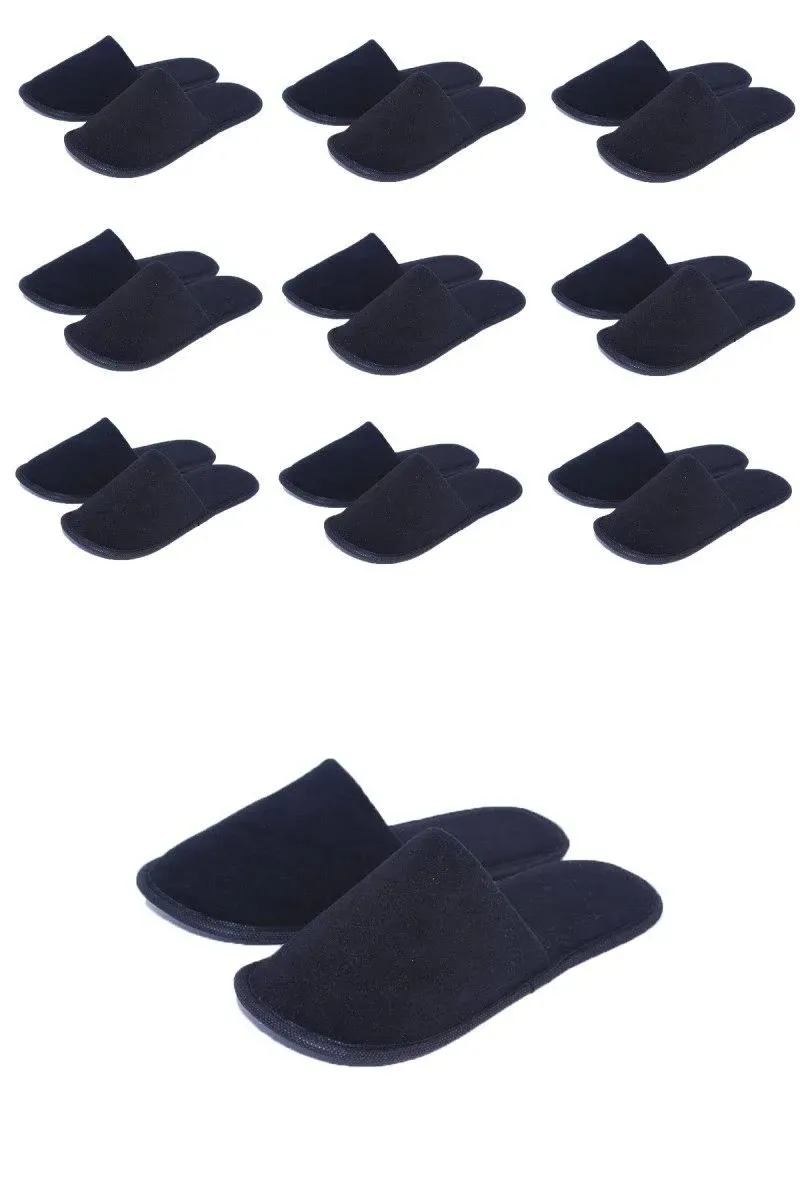 Chochili Black 10 Pairs Fabric Packed Terry Cotton Disposable Hotel Slippers for Airbnb Spa Wedding Guests Adult Men Women Size 10-11