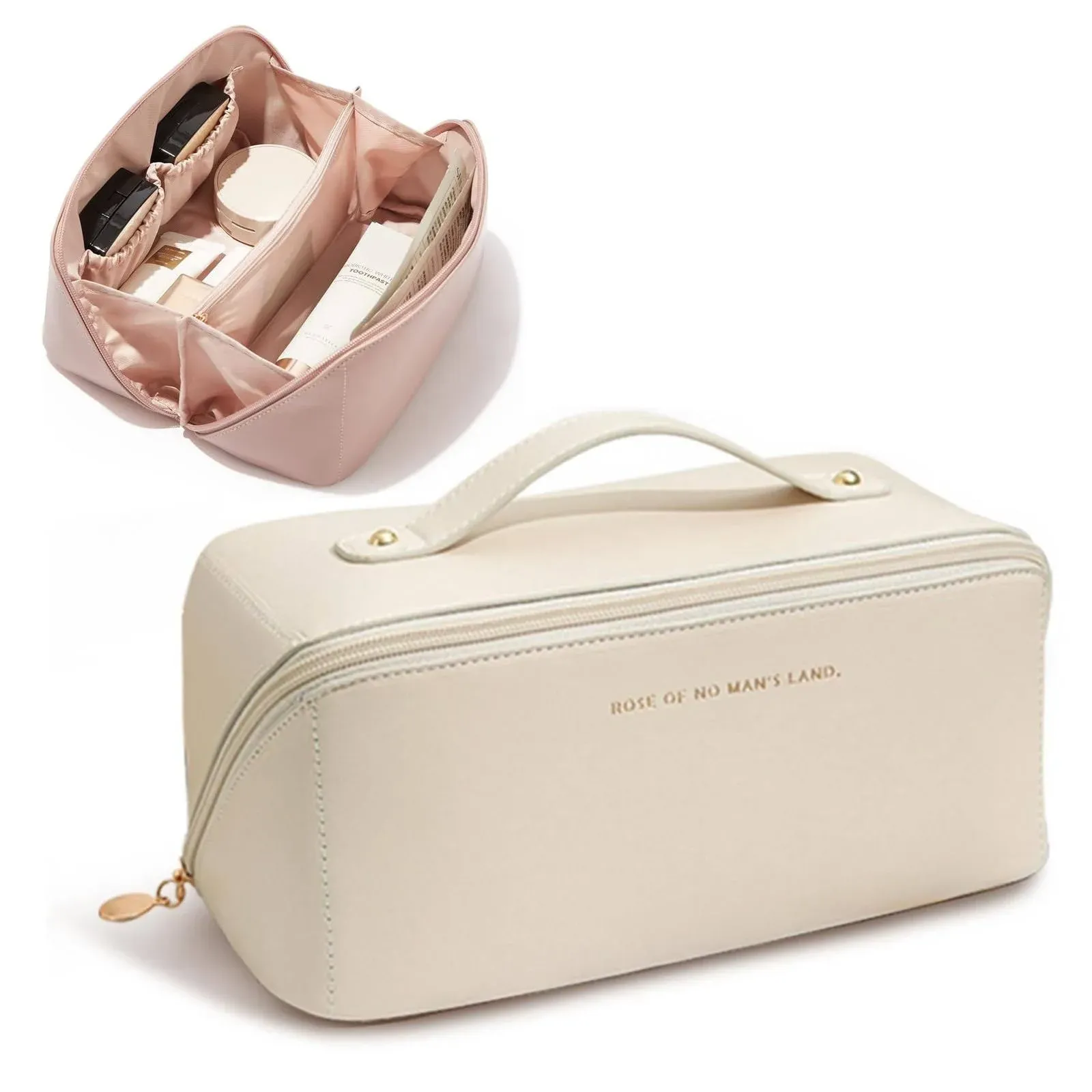 Portable Makeup Bag Opens Flat, Large-Capacity Travel Cosmetic Bag