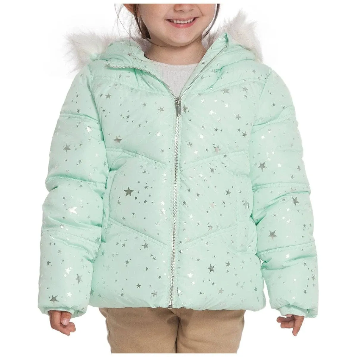 Rokka&Rolla Girls' Heavy Winter Puffer Jacket Bubble Coat-Green Silver Star, Size 6