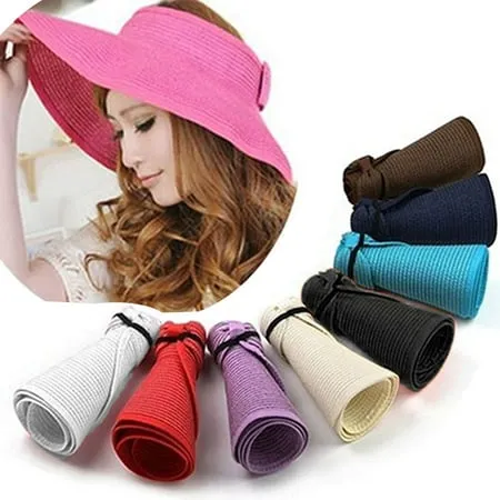 Women Sun Visors Foldable Straw Hats Summer Beach Packable Hat Floppy Wide Brim Cap Deep Style