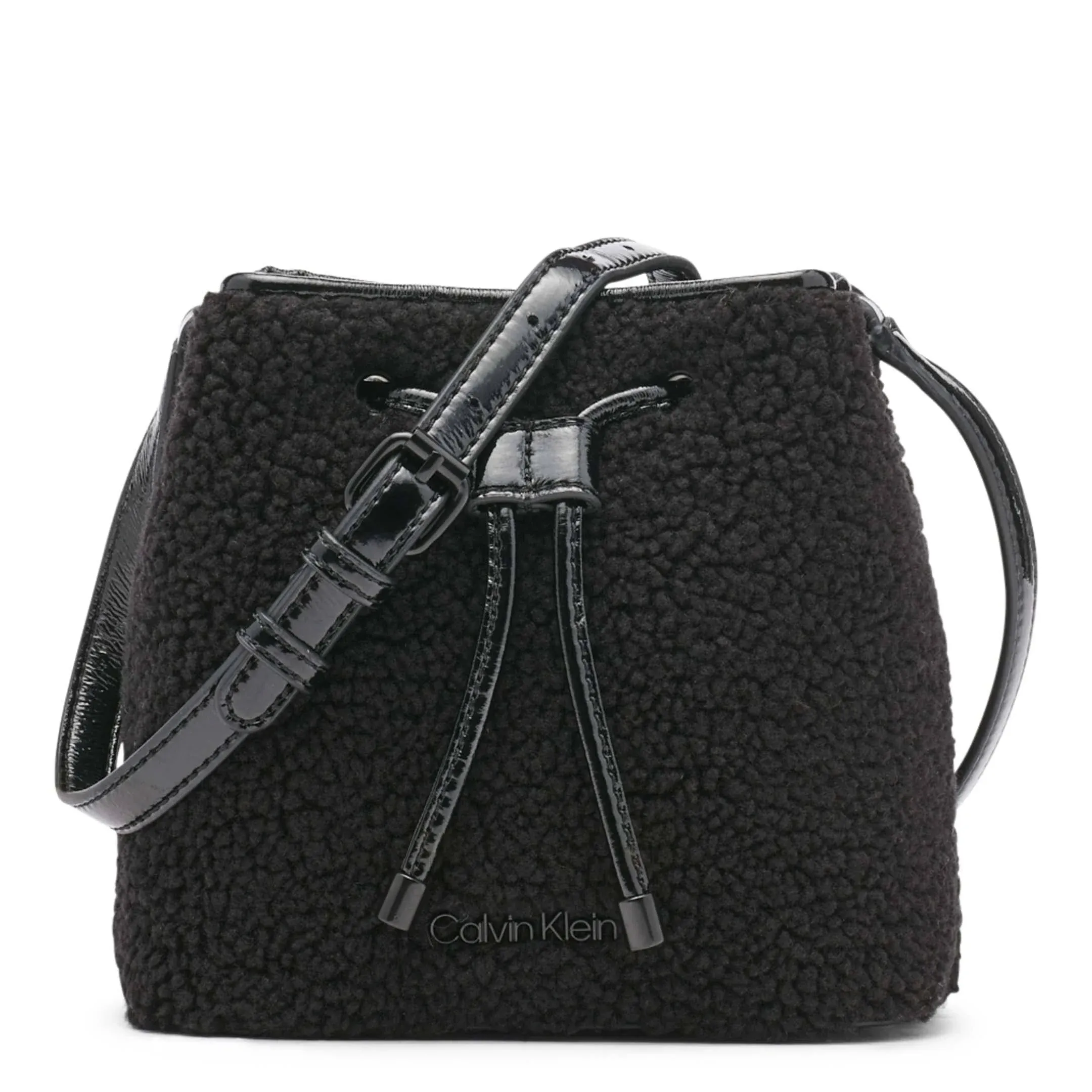 CALVIN KLEIN Astatine sherpa and patent leather bucket mini crossbody -Black