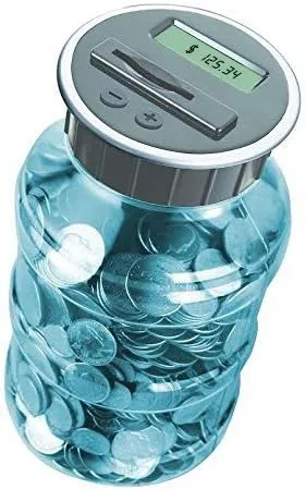 Digital Coin Counter by Digital Energy Pennies Nickles Dimes Quarter Savings Jar | Transparent Blue w/LCD Display