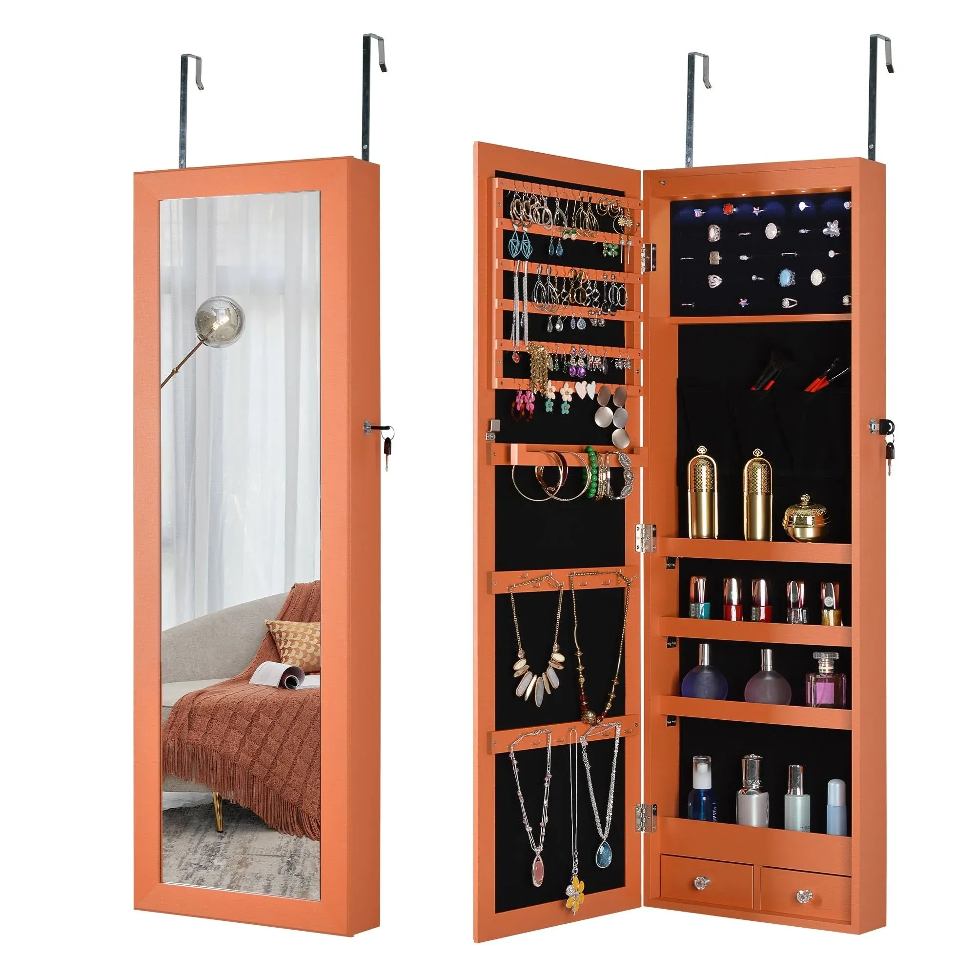 6 LED Jewelry Armoire Cabinet,Touch Screen LED Jewelry Organizer, Freestanding Full Length Mirror Jewelry Cabinet, Standing Mirror with Jewelry Storage