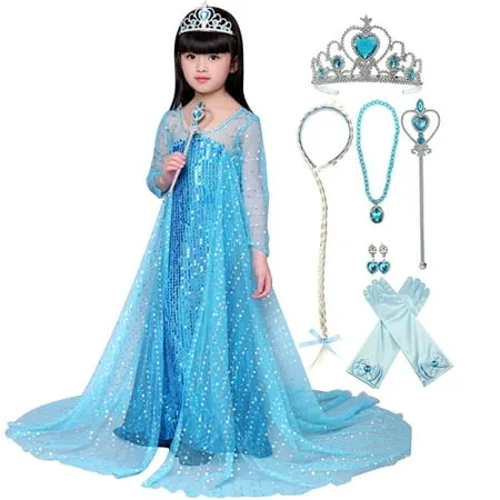 KAWELL Girls Princess Elsa Anna Costume Birthday Party Christmas Halloween Fancy Dress up With Accessories