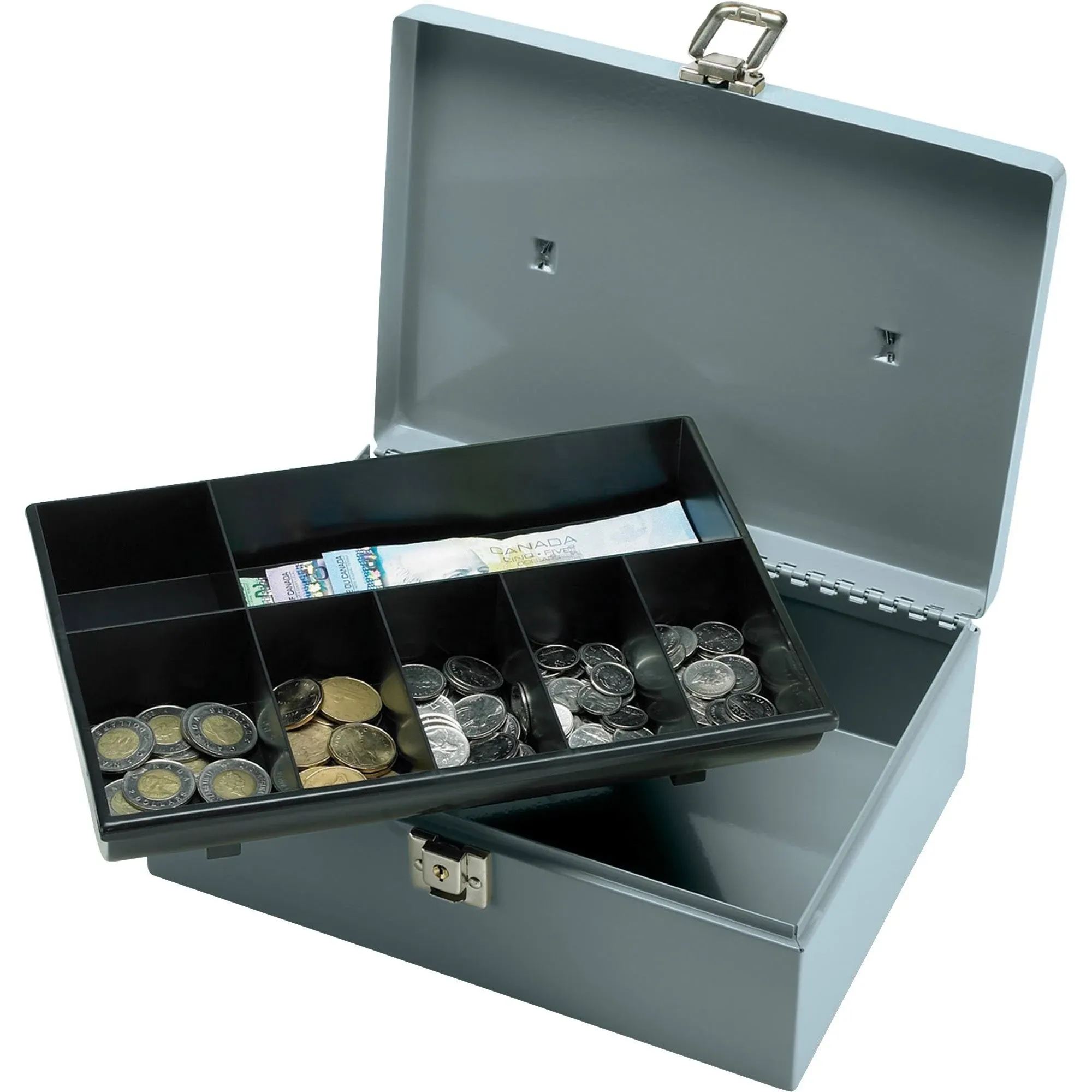 Sparco All-Steel Latch Lock Cash Box With Tray, 7 Compartments, 4" x 11" x 7 3/4", Gray