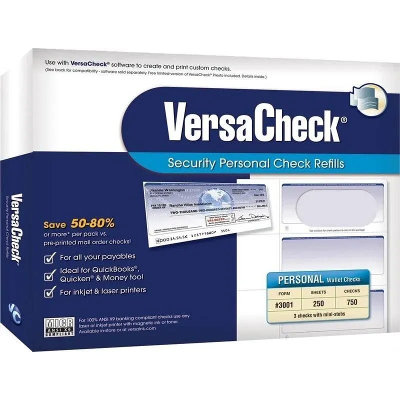 VersaCheck Secure Blank Business/Personal Wallet Checks - Blue Premium