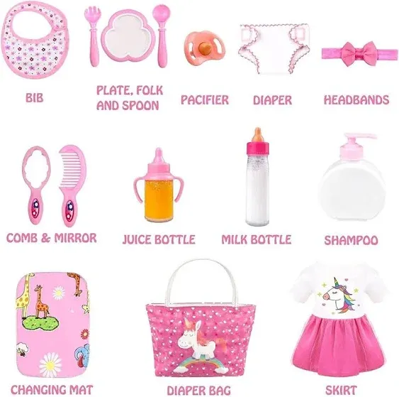 15 Pcs Baby Doll Accessories -baby Doll Feeding &caring Set 14" 15"