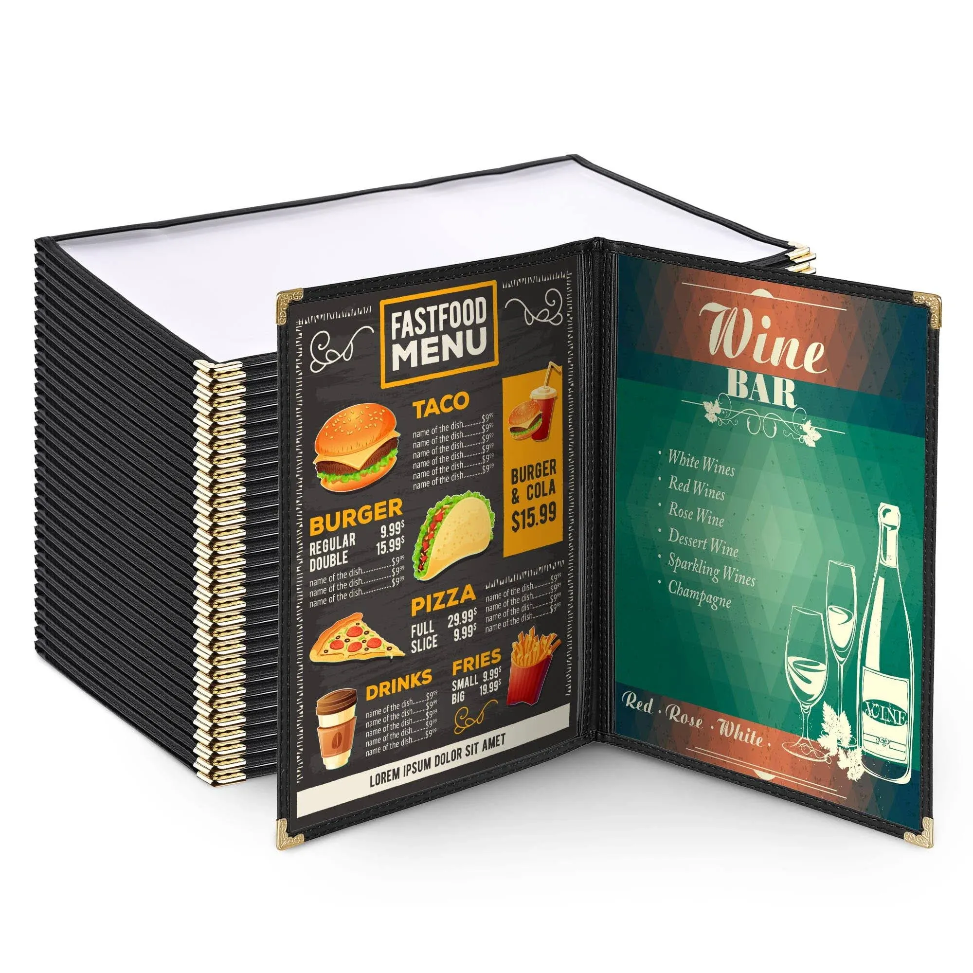 WeChef 30pcs Menu Cover 8.5x14 2 Page 4 View Double Fold Black Restaurant Cafe