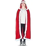 Skeleteen Red Velvet Santa Cape - Long Red Velour Hooded Cloak with White Fur Trimming