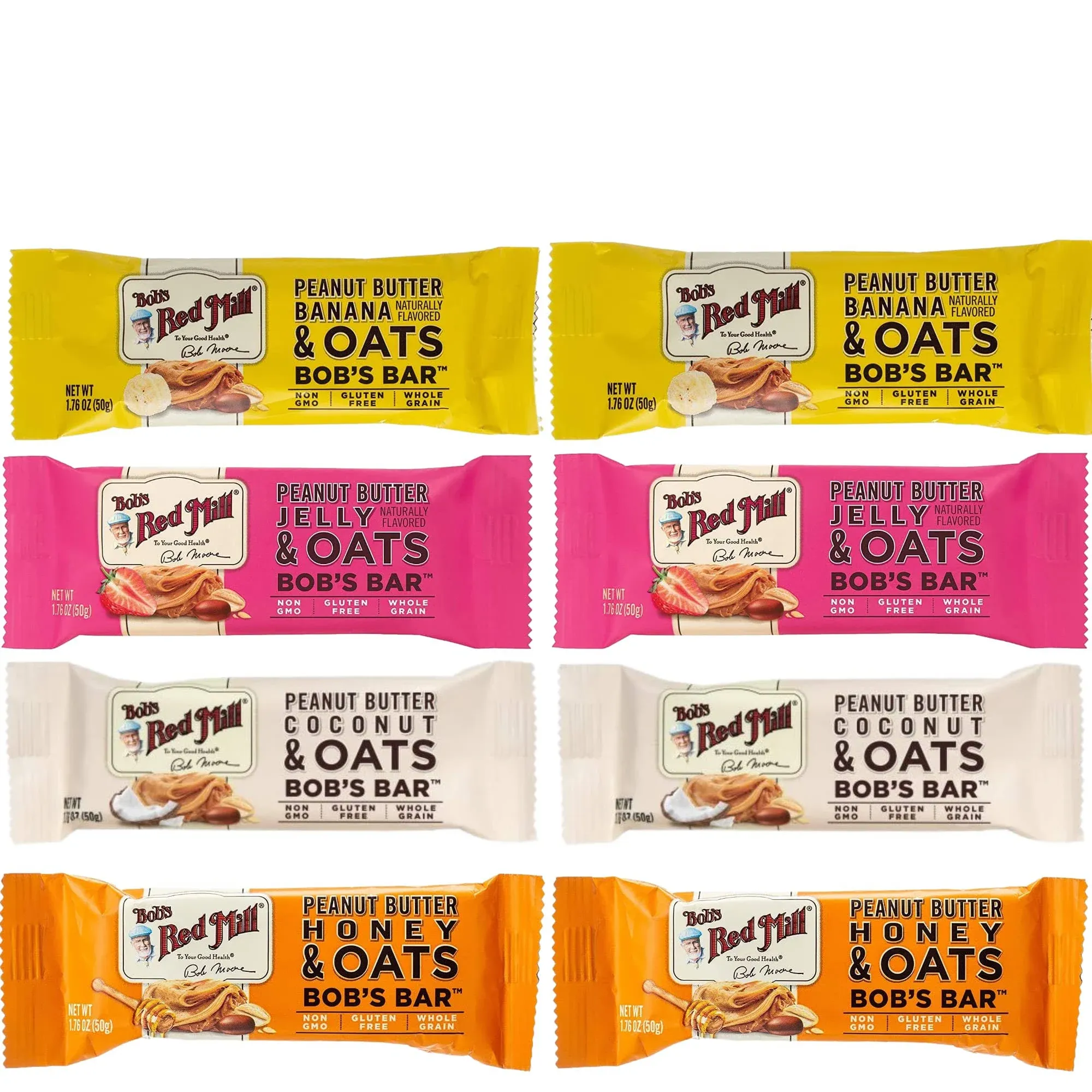 Bob's Red Mill Peanut Butter Coconut, Banana, Honey And Jelly Oat Bars 1.76 Oz., Two Of Each (8 Pack) 1.76 Ounce (Pack of 8)